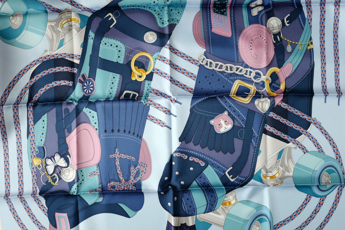 Hermes Derby 2000 Scarf 90 Bleu Ciel / Marine / Vieux Rose 100% Silk