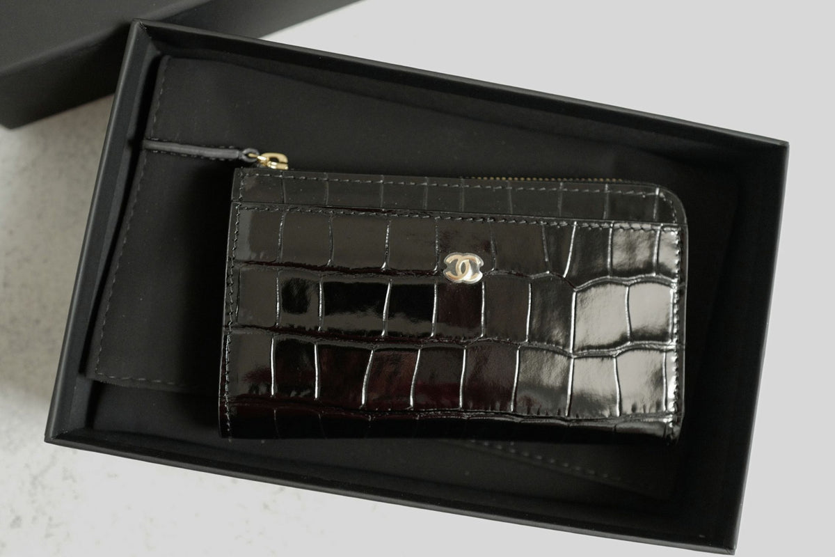 Chanel 26K Matthieu Blazy's Card Holder Croc Embossed Black Calfskin GHW
