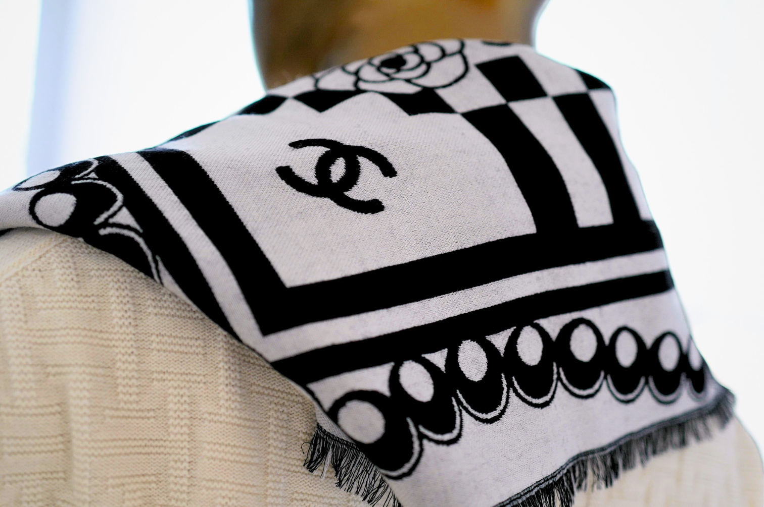 CHANEL 26C Black White Checkered Double CC Scarf Shawl