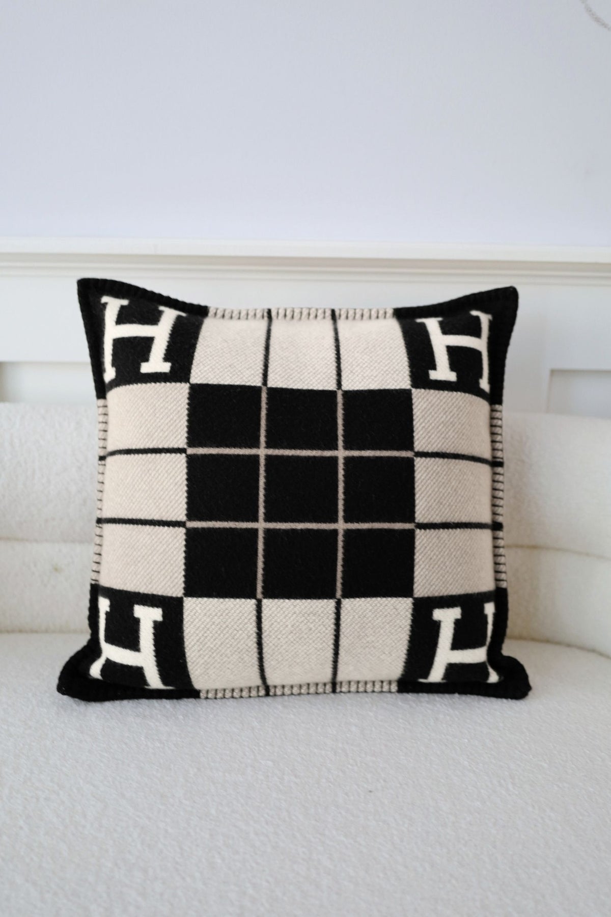New Hermes Avalon III Jacquard Cushion Petit Modele Wool Cashmere Ecru Noir