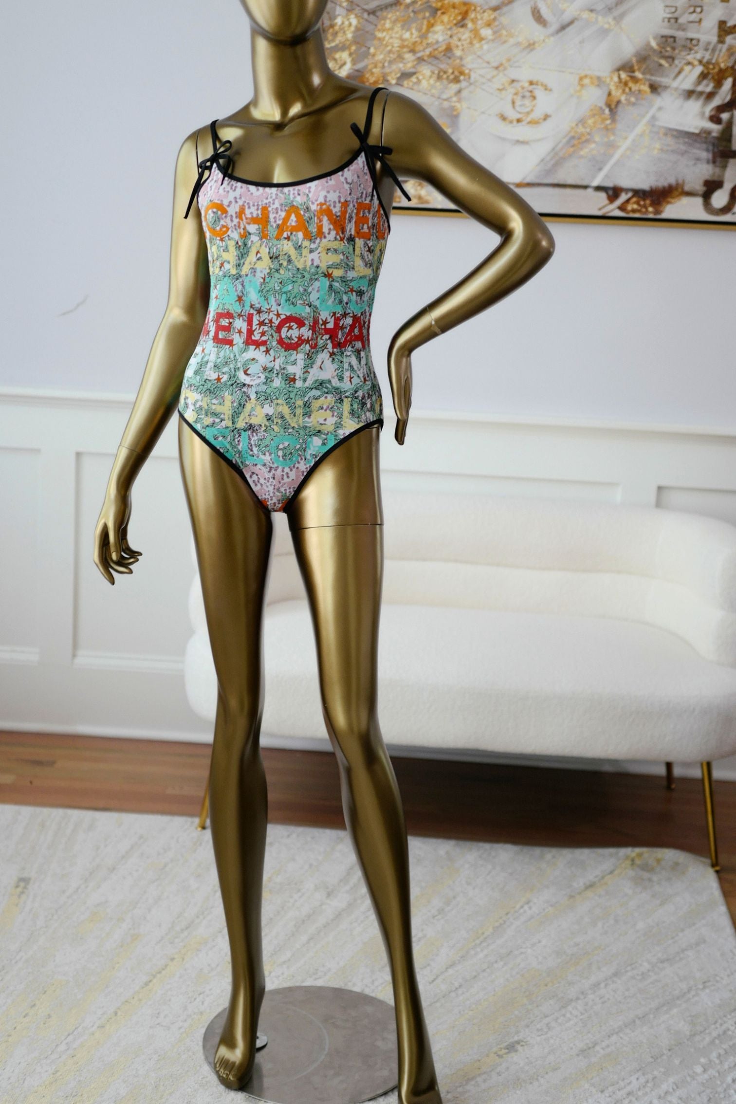 Chanel 26M Coco Beach Swimsuit Multicolor Stretch Jersey Size 36