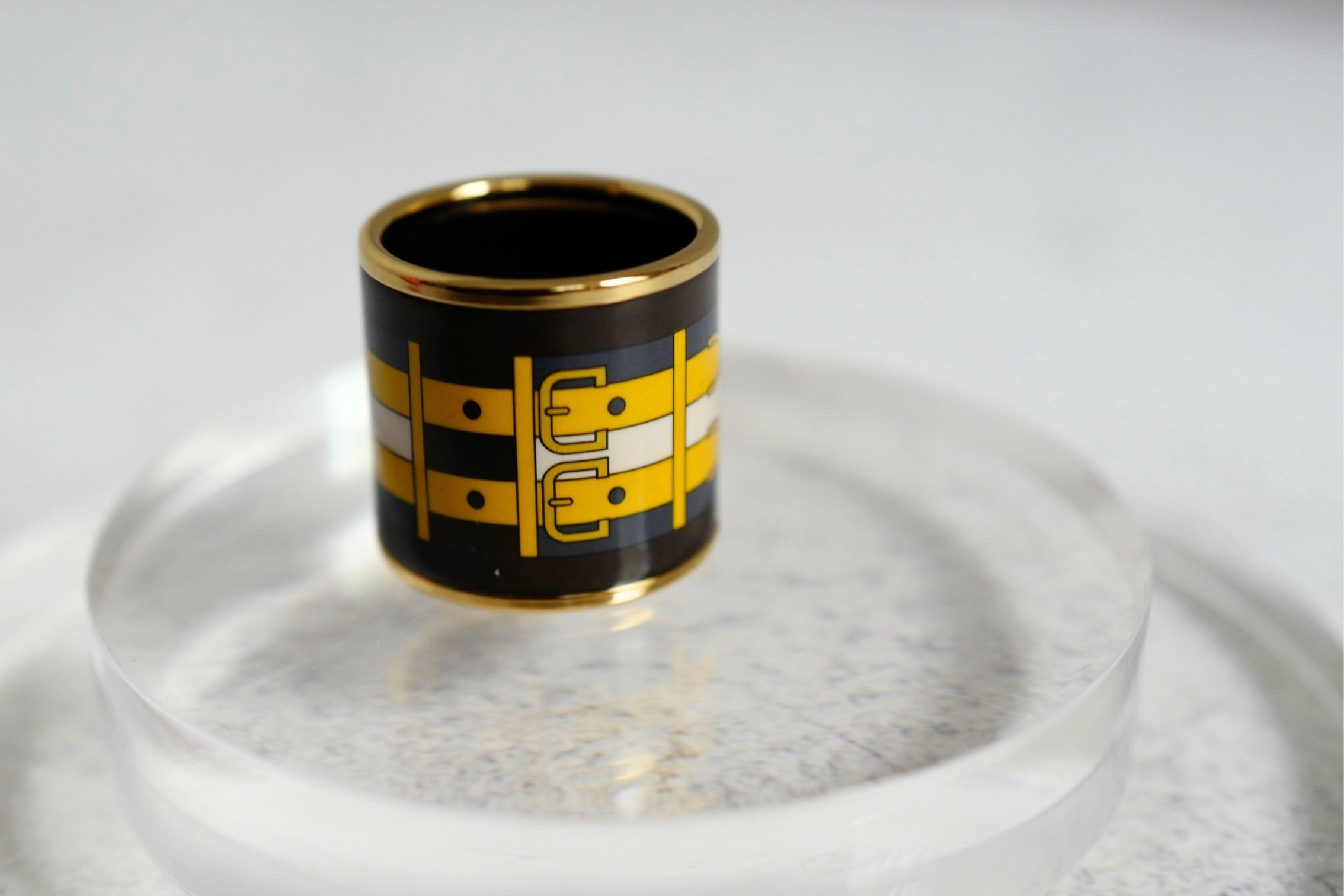 Hermès Rocabar Enamel Scarf Ring Black/Yellow/Blue Striped
