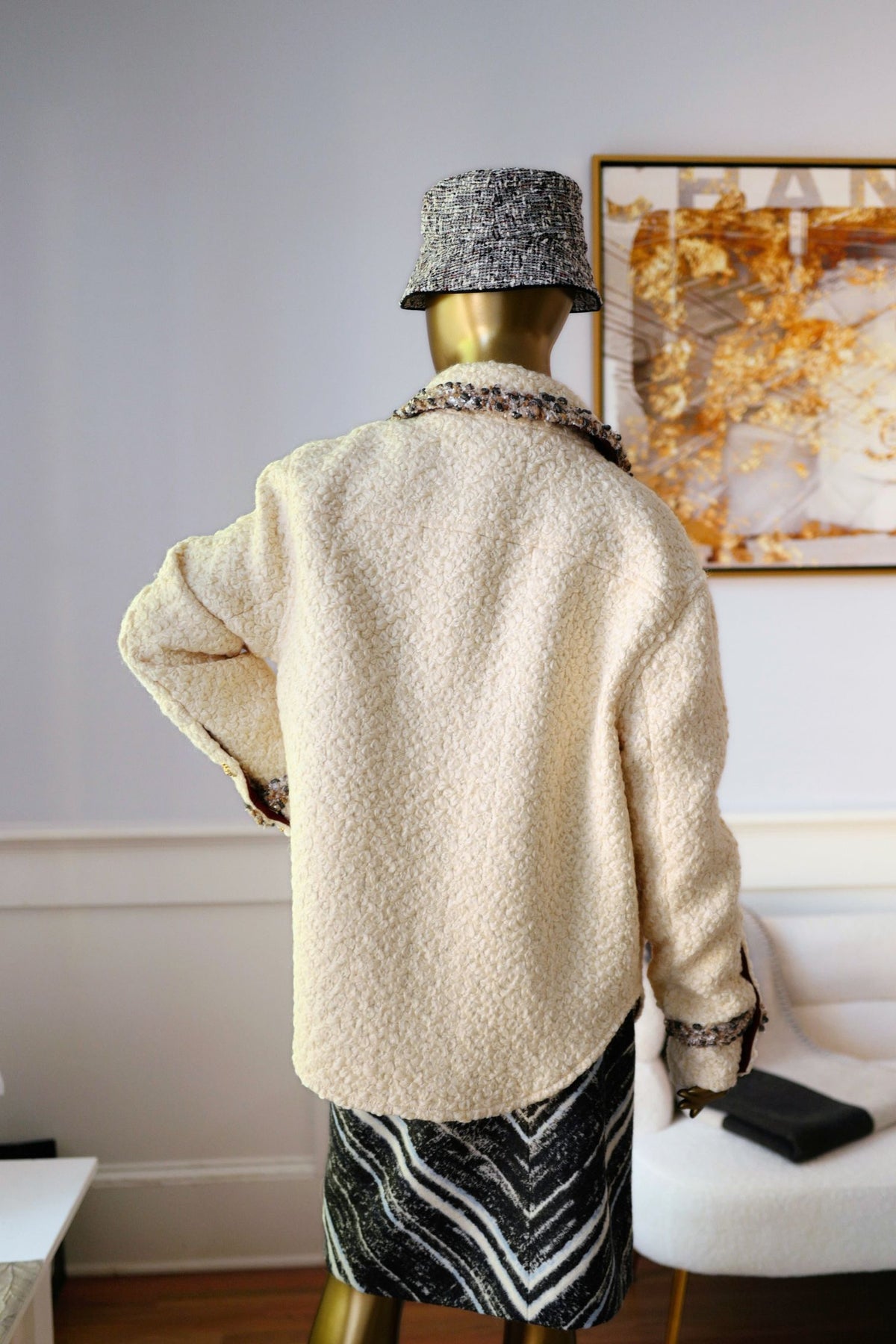 NEW Chanel 26K Oversized Jacket Wool String with Silk Lining Beige Size 36
