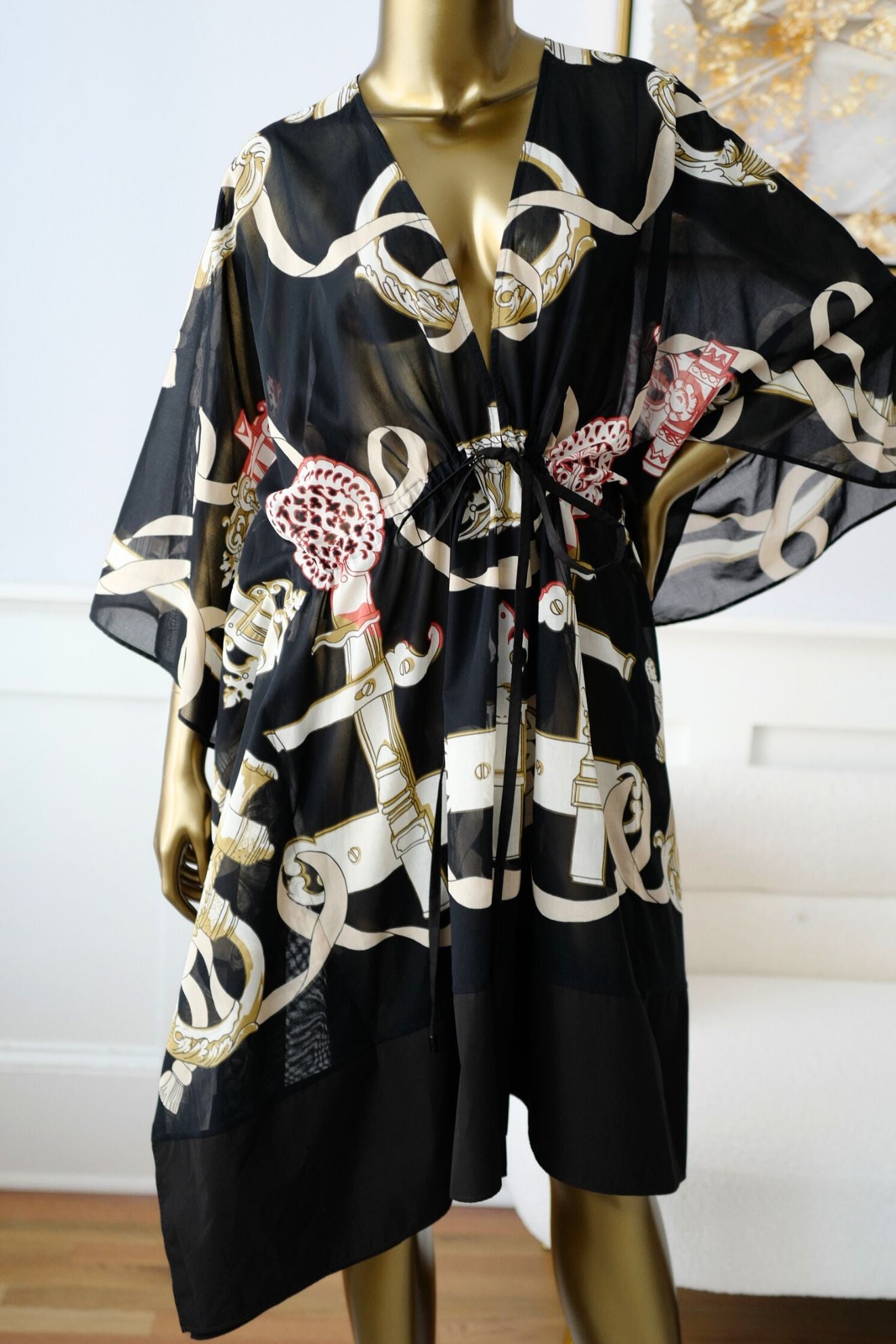 Hermès Woman Beach Caftan "Ferronnerie Remix" in Noir Cotton Voile One Size