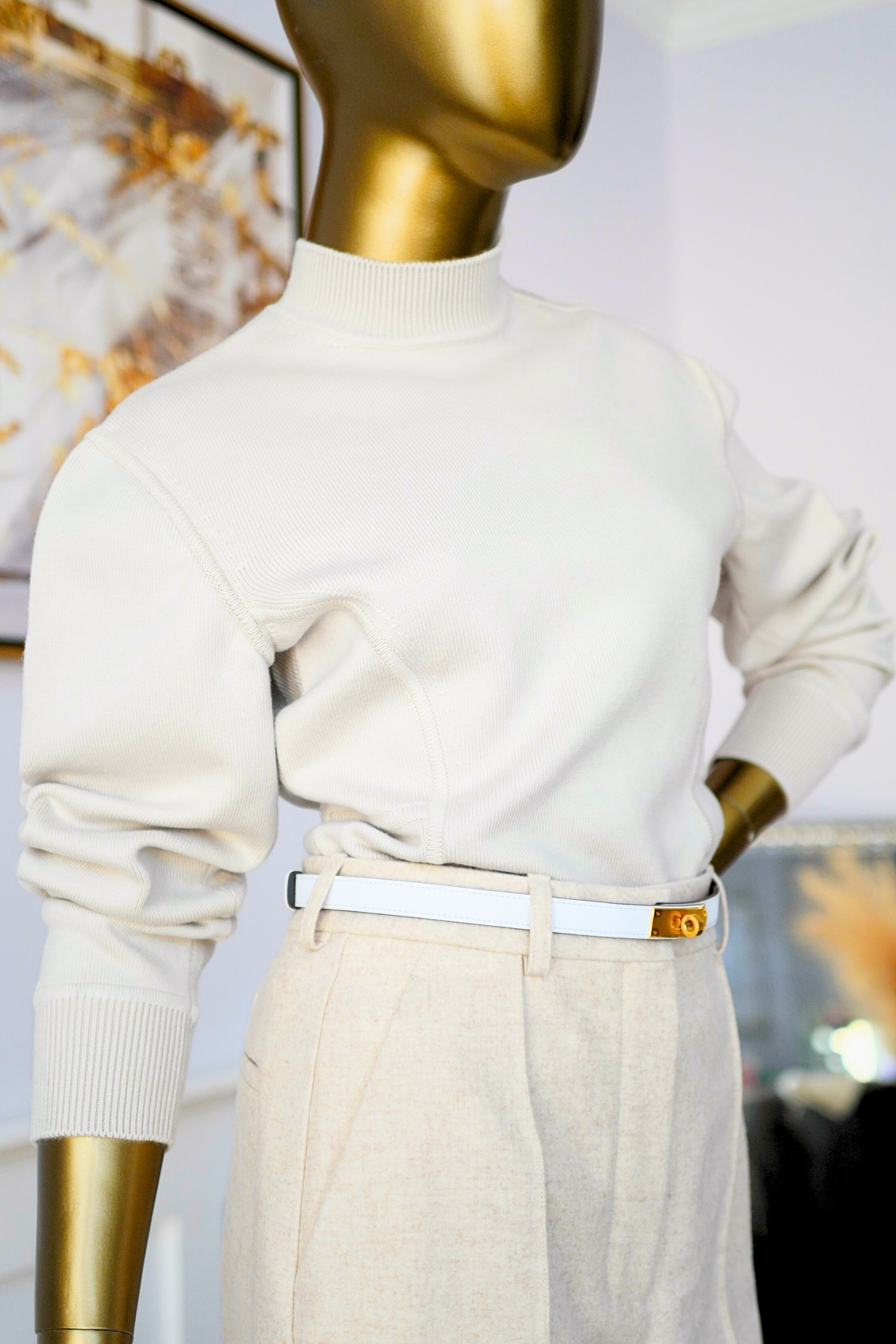 Hermès Sweater with Ferronnerie Button Details Jewel Knit Mock Neck Size 36 Beige Sable