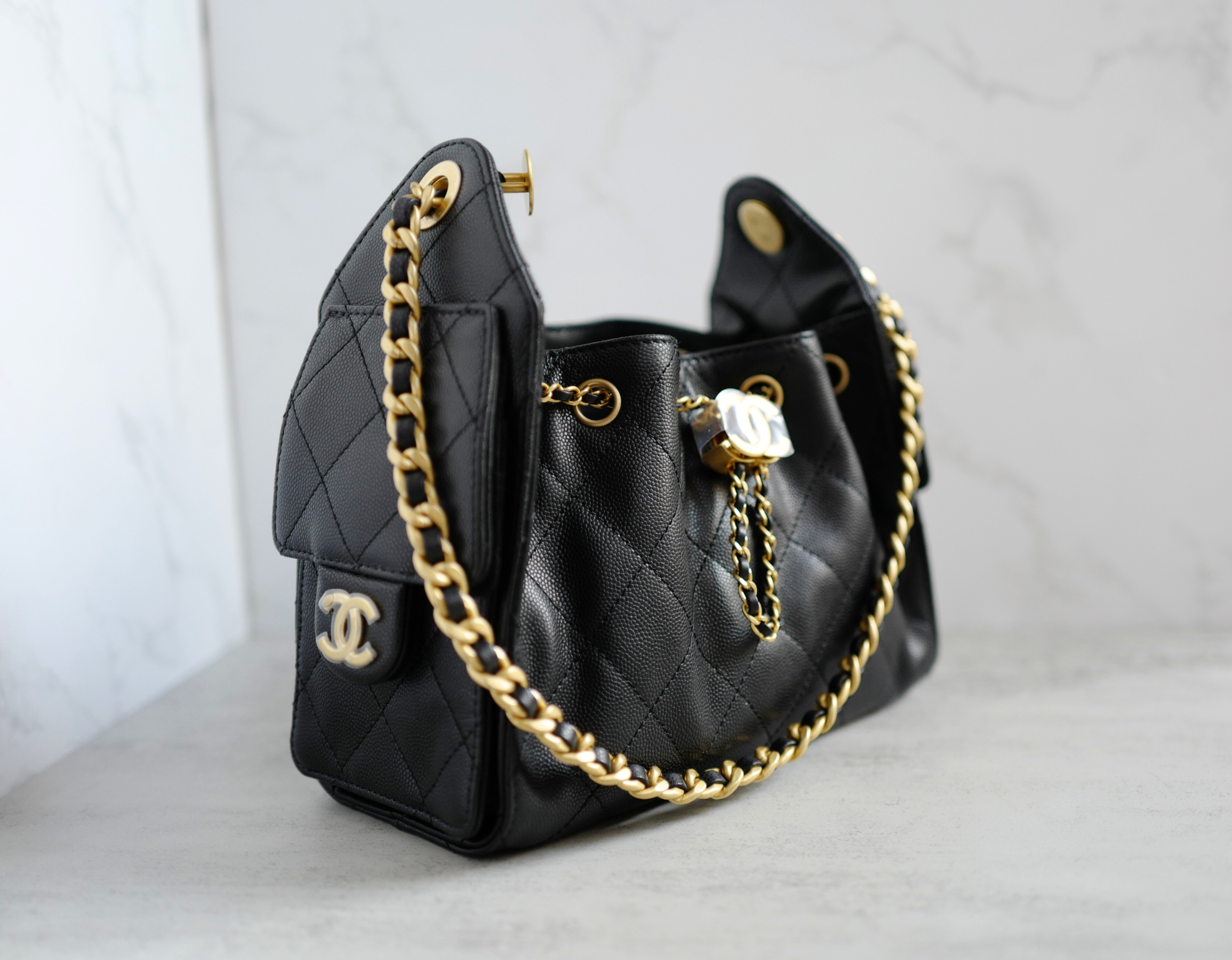 BNIB Chanel 26C Mini Hobo Bag Black Grained Calfskin with Gold Hardware