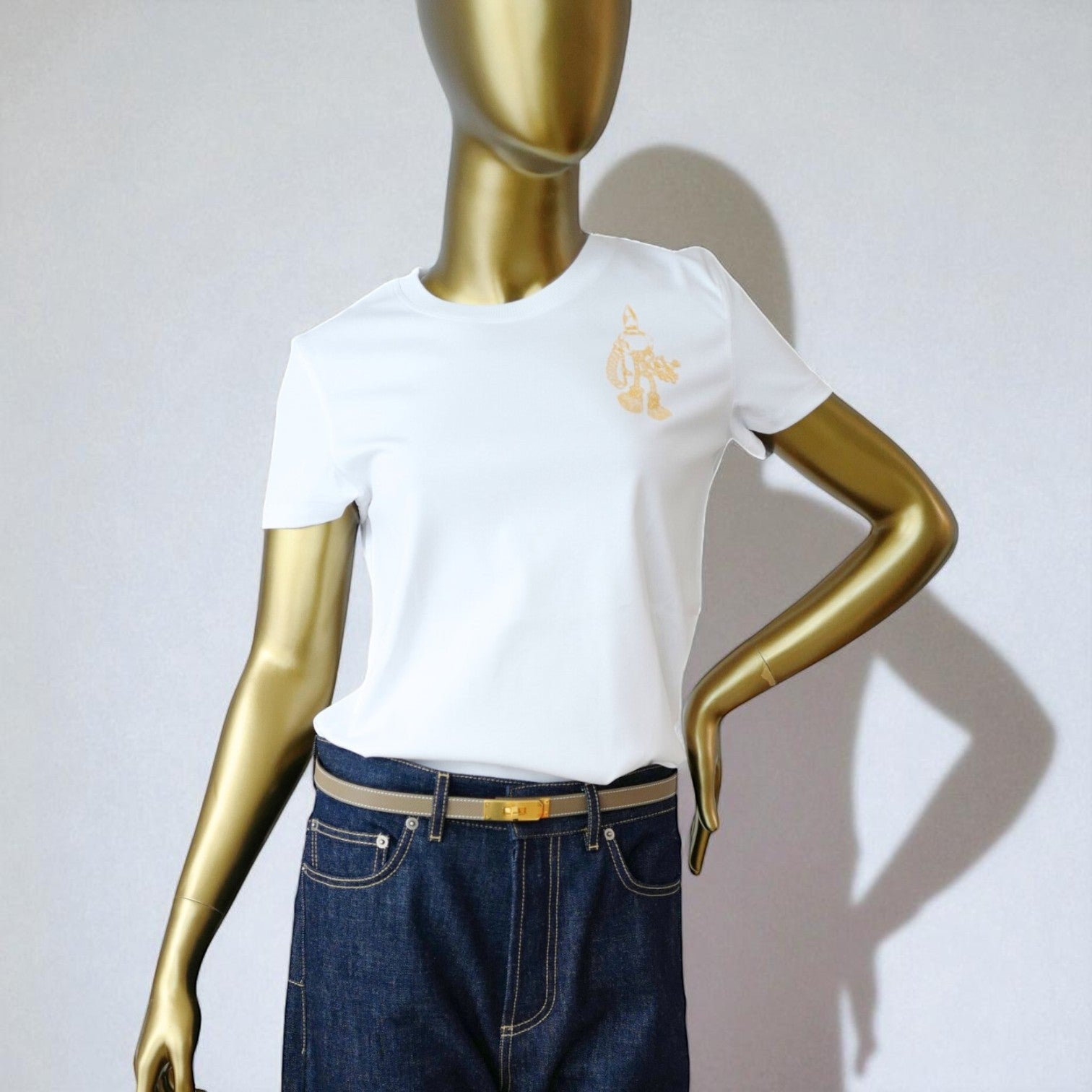 New Hermès Women’s Printed Straight T-Shirt White Blanc Size 34