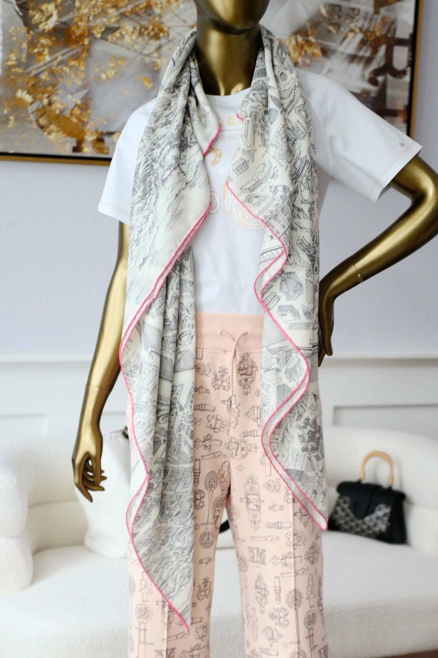 Hermès La Nouvelle Cite Cavaliere Shawl 140 Blanc/Gris/Rose Cashmere Silk