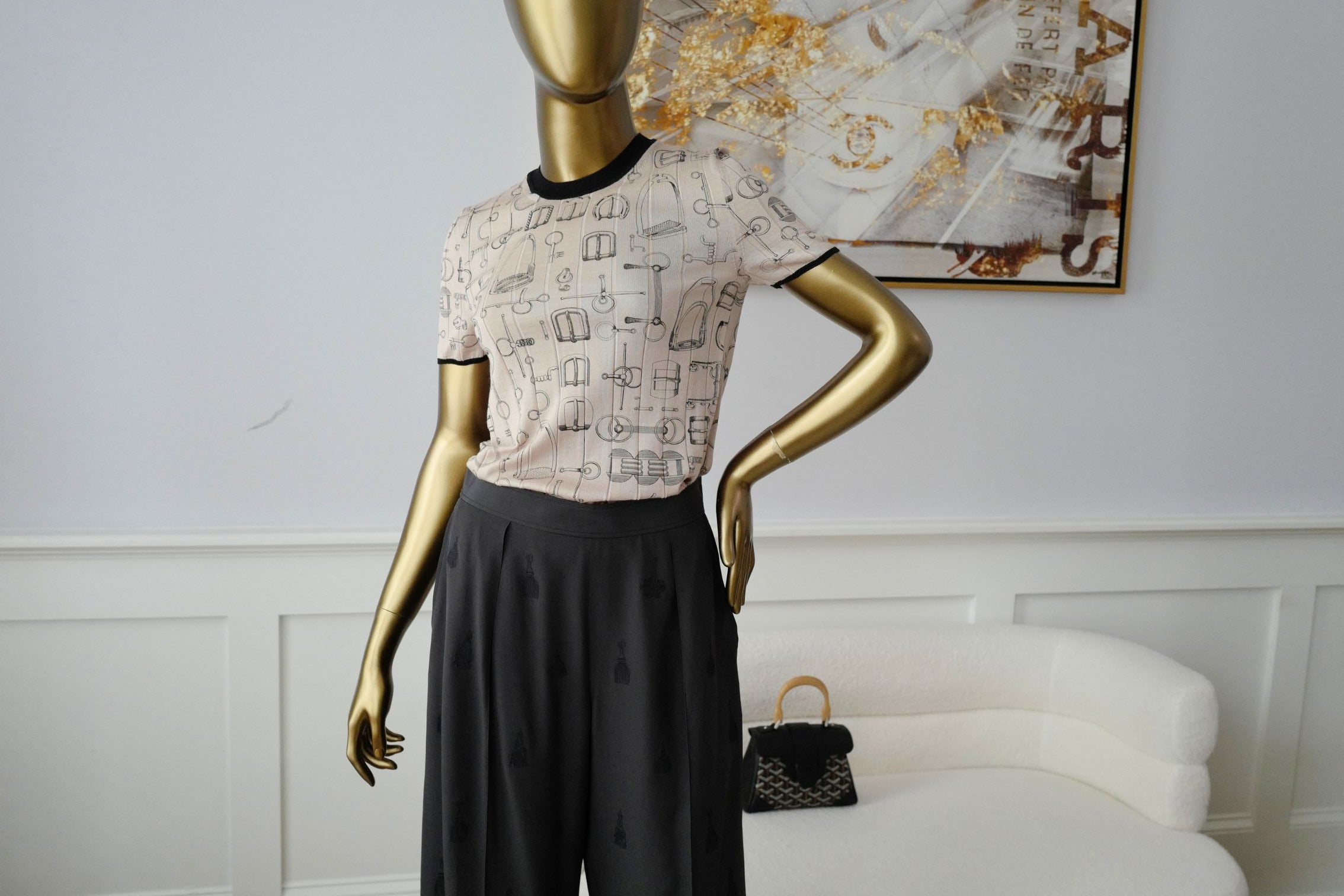 Hermès Short Sleeve Sweater "Cahier du Colporteur" Beige Cashmere Silk Size 36