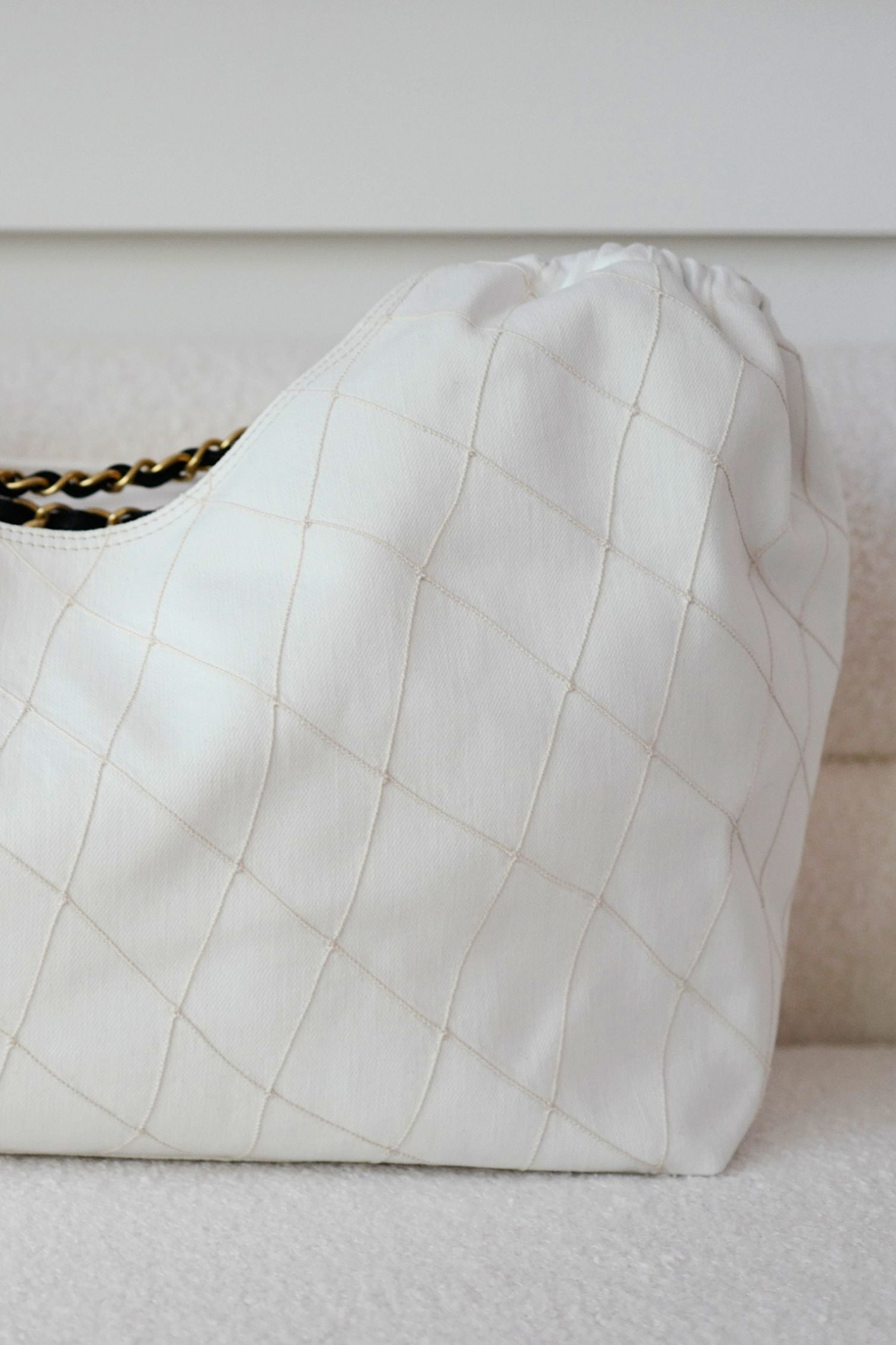 Chanel 26M Coco Beach Small Tote White Black Denim Calfskin Gold Hardware