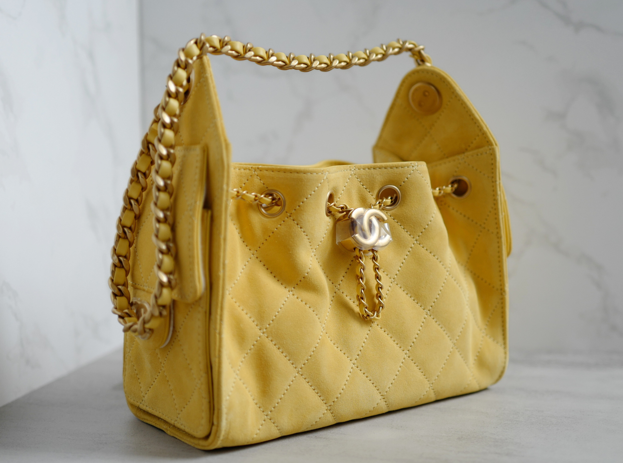 NEW Chanel 26C Mini Hobo Shoulder Bag in Yellow Suede with Gold Hardware