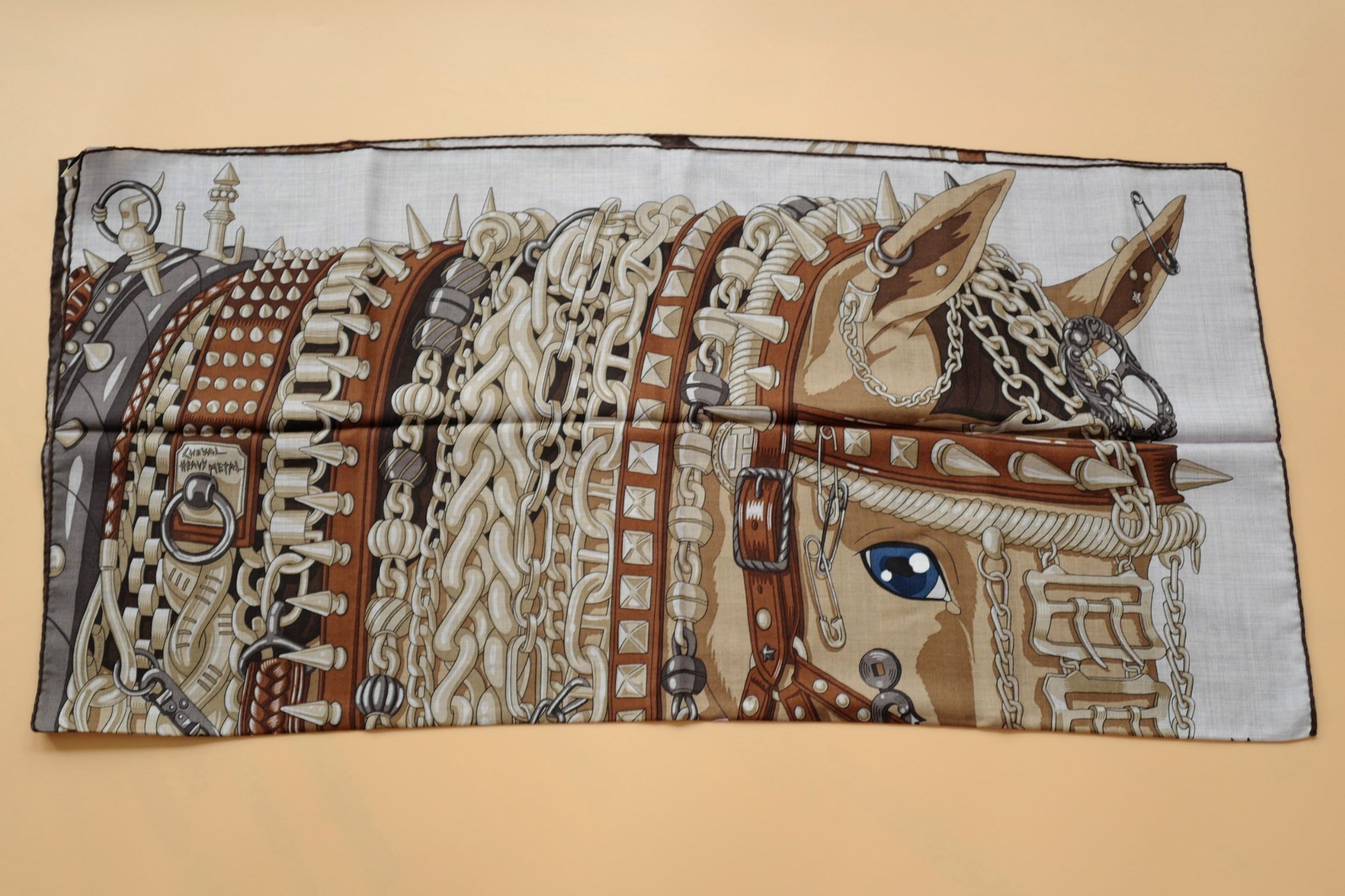 NEW Hermès Cheval Heavy Metal Scarf 100 Cashmere Silk Gris Clair / Kraft / Caramel