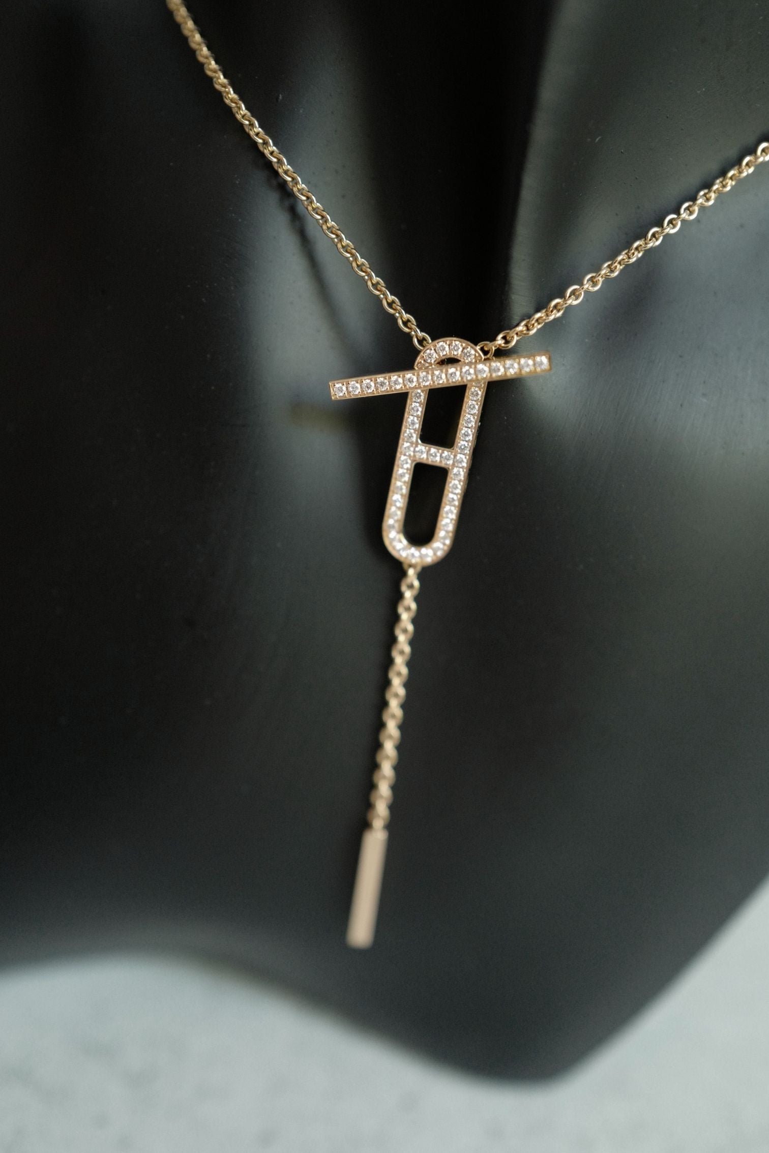 NEW Hermes Ever Chaine d'ancre Lariat Necklace Rose Gold 54 Diamonds