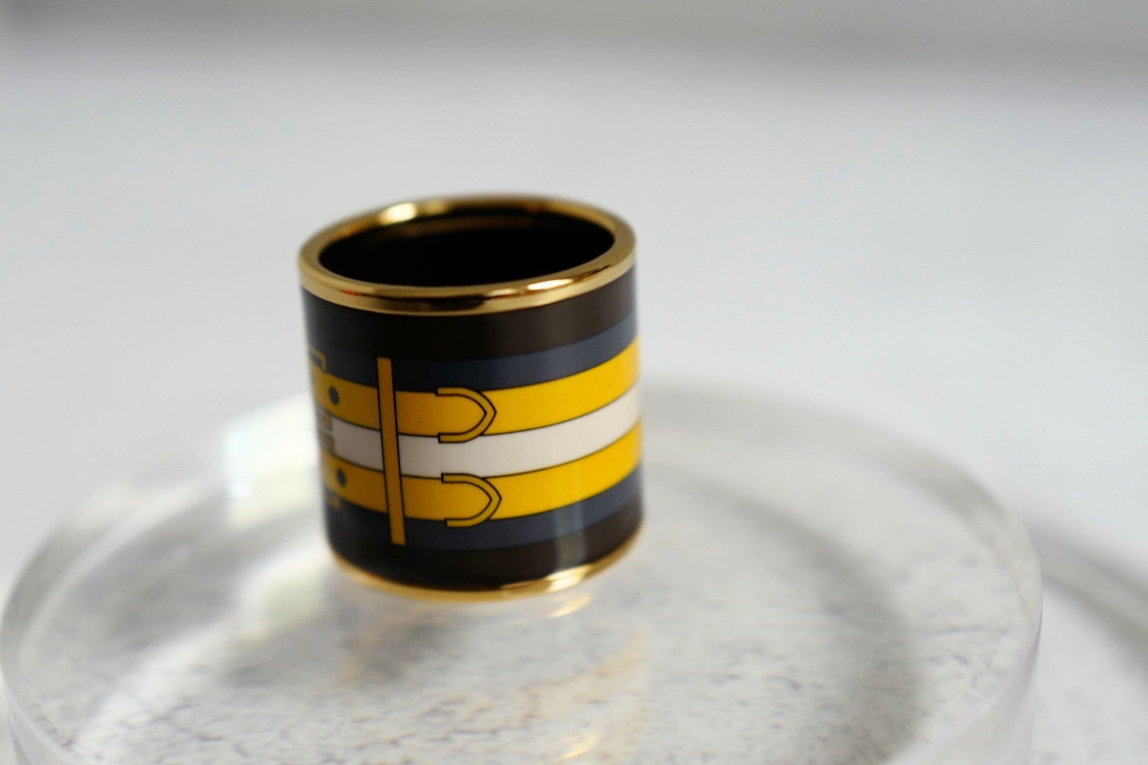 Hermès Rocabar Enamel Scarf Ring Black/Yellow/Blue Striped