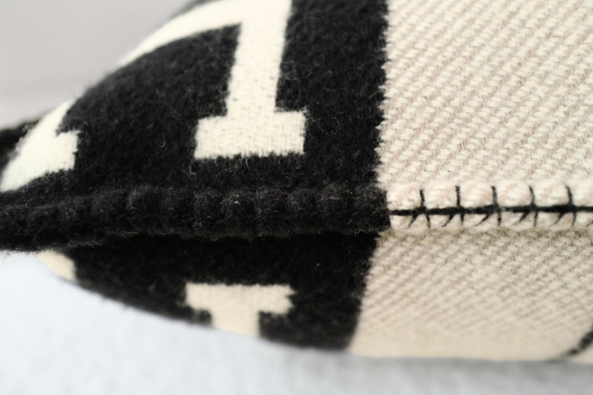 New Hermes Avalon III Jacquard Cushion Petit Modele Wool Cashmere Ecru Noir