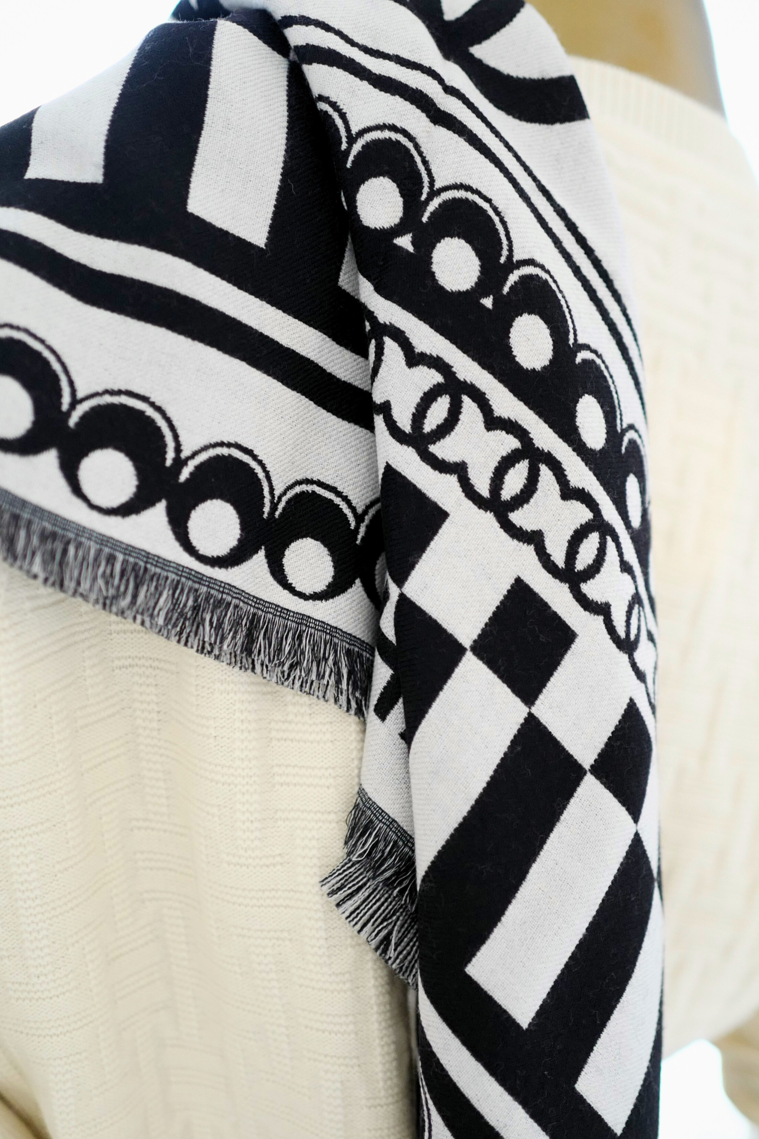CHANEL 26C Black White Checkered Double CC Scarf Shawl