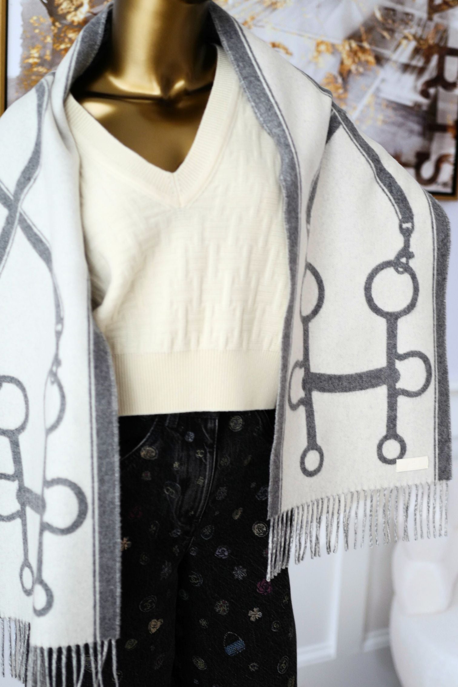 Hermès Casaque Mors Cashmere Scarf in Ivoire Gris Flanelle