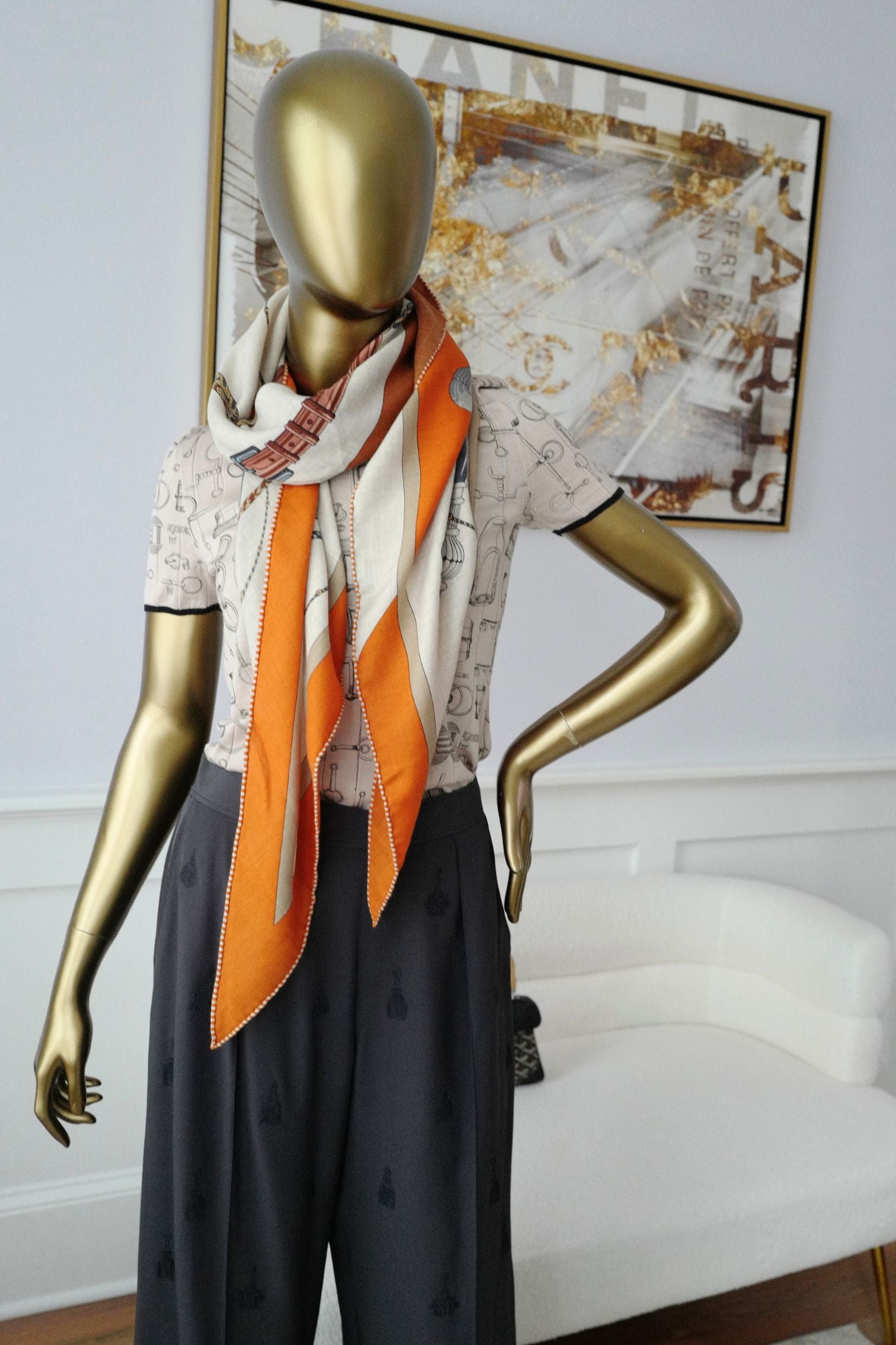 Hermès Clic-Clac Triangle Scarf Orange Cuit /Naturel/Caramel Cashmere Silk
