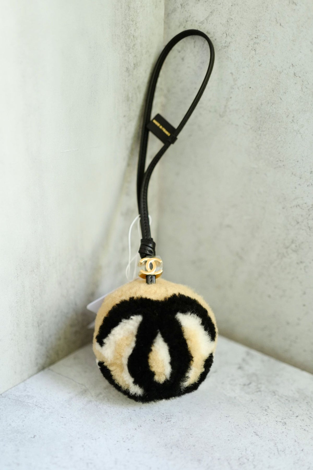 NEW Chanel 26N Coco Neige Mini Ball Bag Charm CC Logo Lambskin Shearling Black Beige