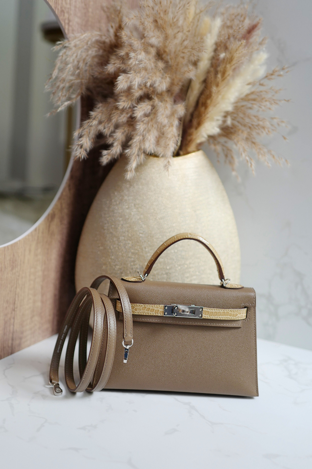 BNIB Hermes Mini Kelly touch Madame calfskin pol alli Etoupe beige phw