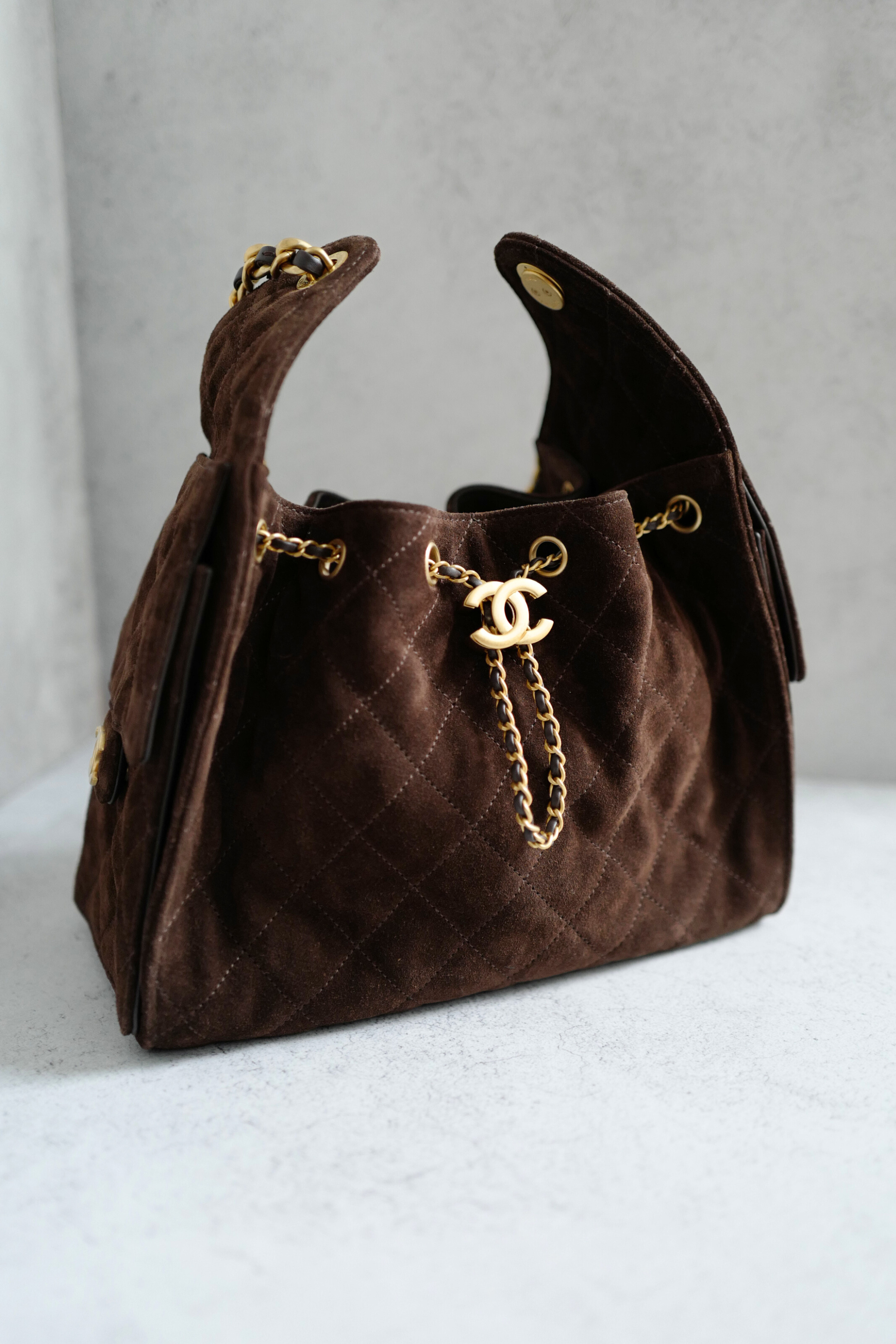 BNIB Chanel 26C Small Hobo Bag Dark Brown Suede with Gold Hardware