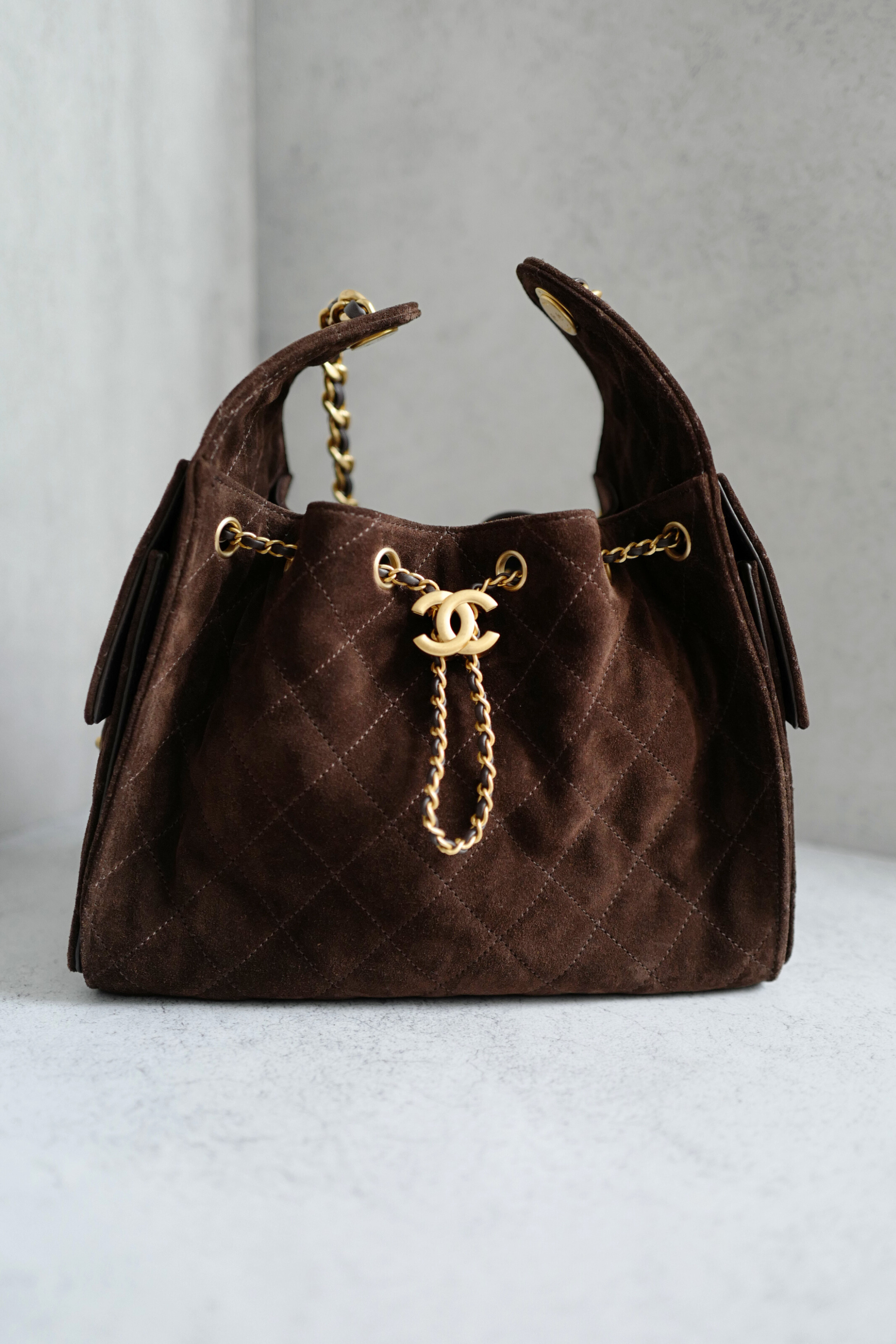 BNIB Chanel 26C Small Hobo Bag Dark Brown Suede with Gold Hardware