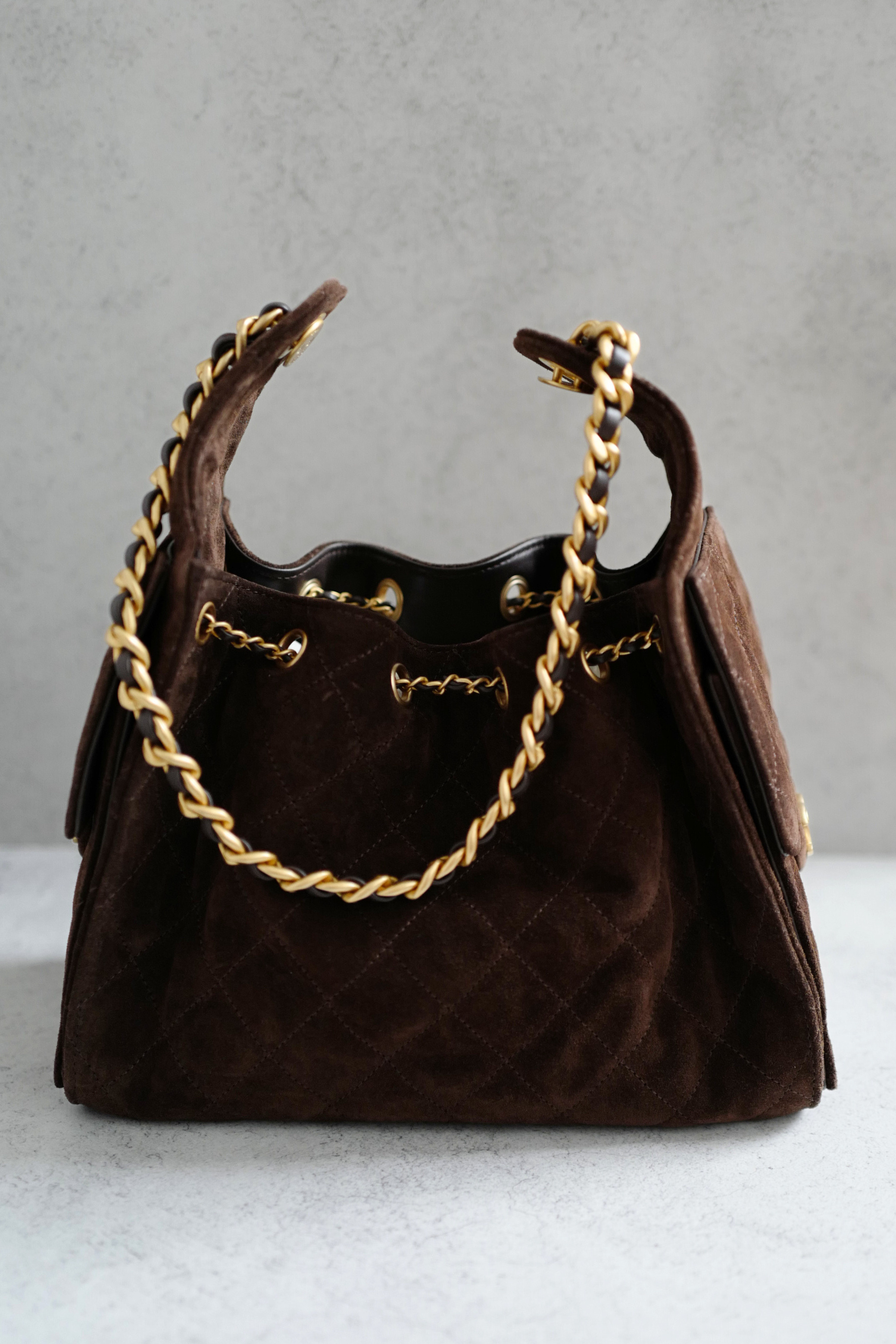 BNIB Chanel 26C Small Hobo Bag Dark Brown Suede with Gold Hardware