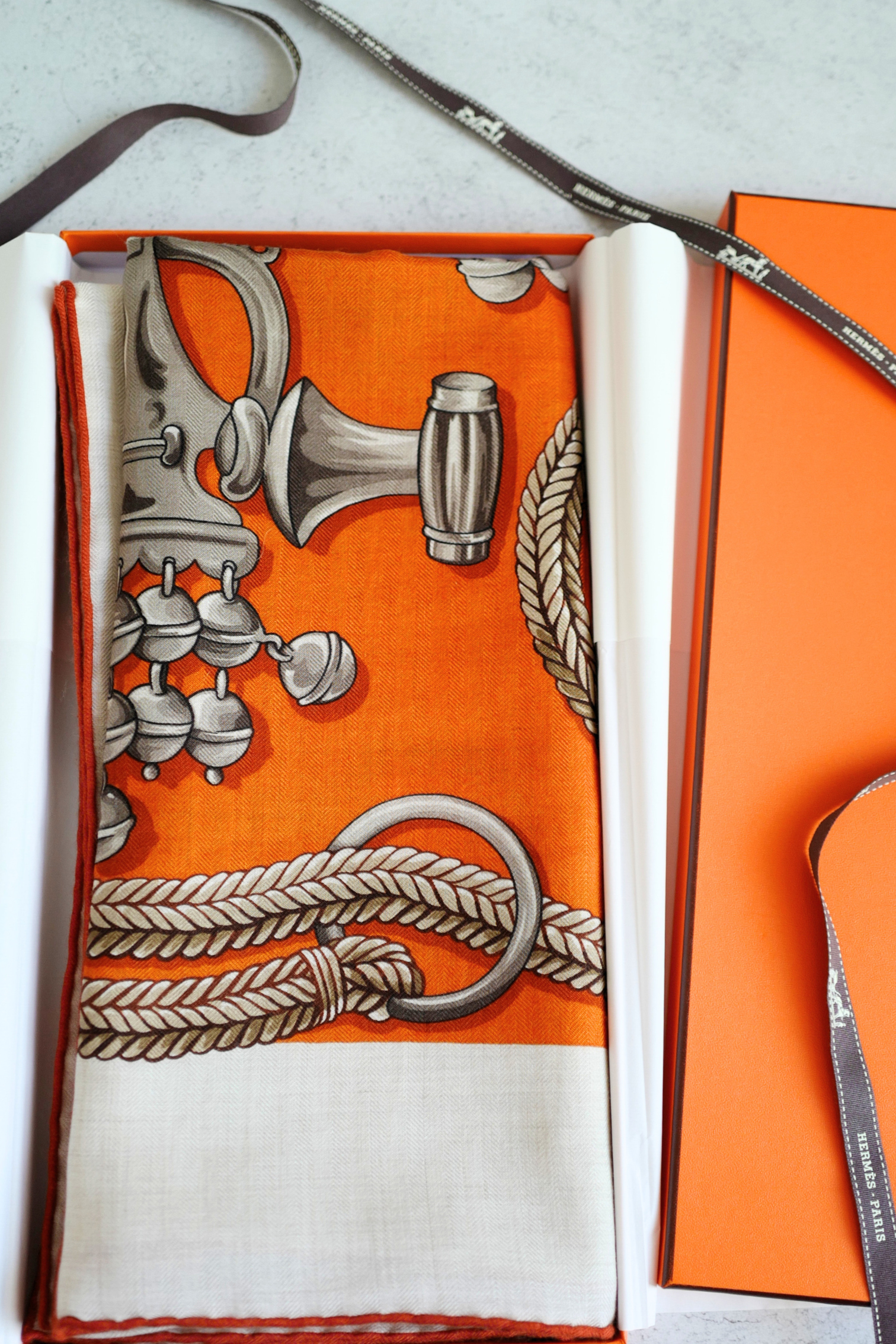 Hermès Palefroi Shawl 140 Cashmere Silk – Naturel / Orange Cuit / Cannelle