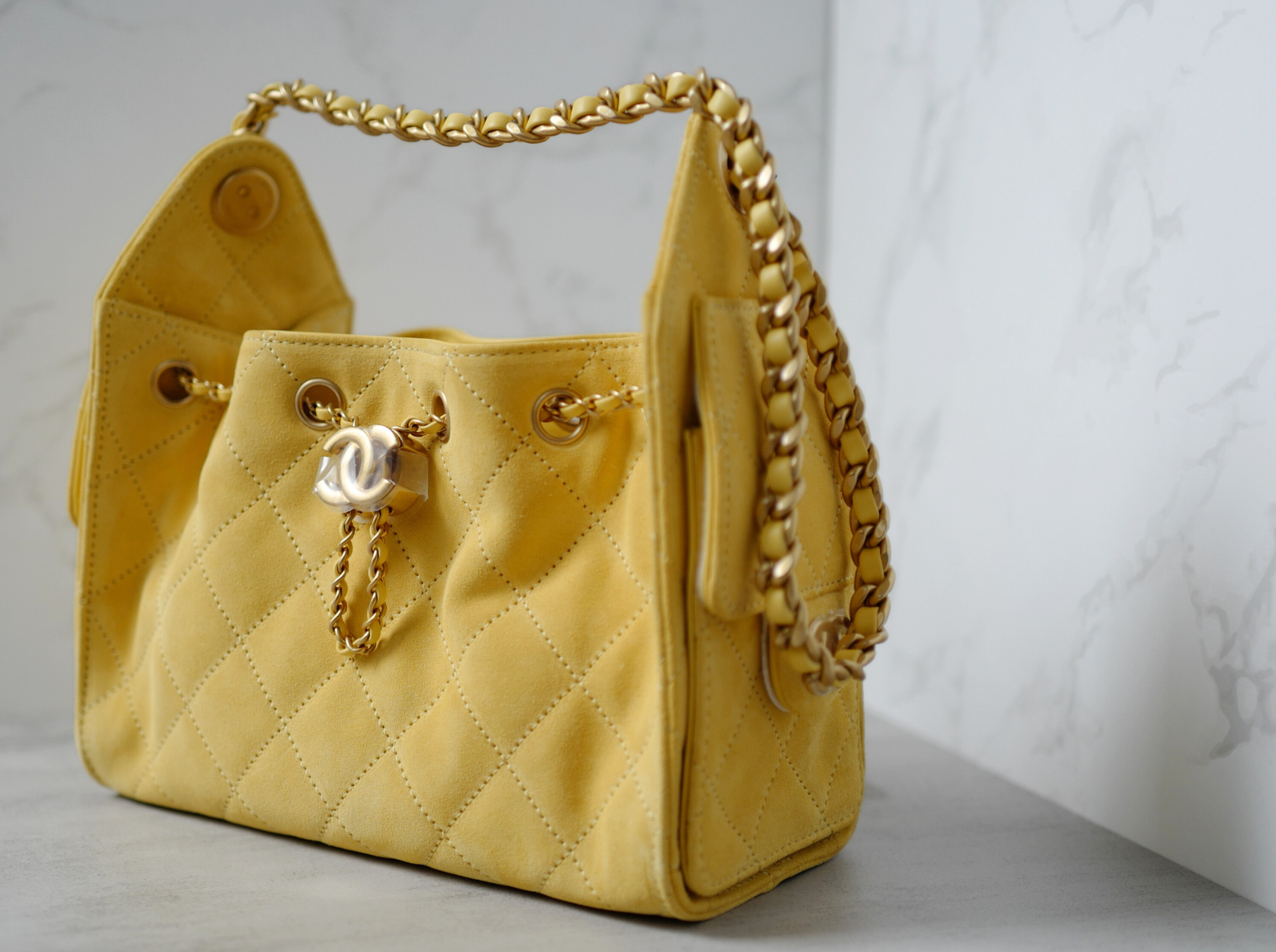 NEW Chanel 26C Mini Hobo Shoulder Bag in Yellow Suede with Gold Hardware
