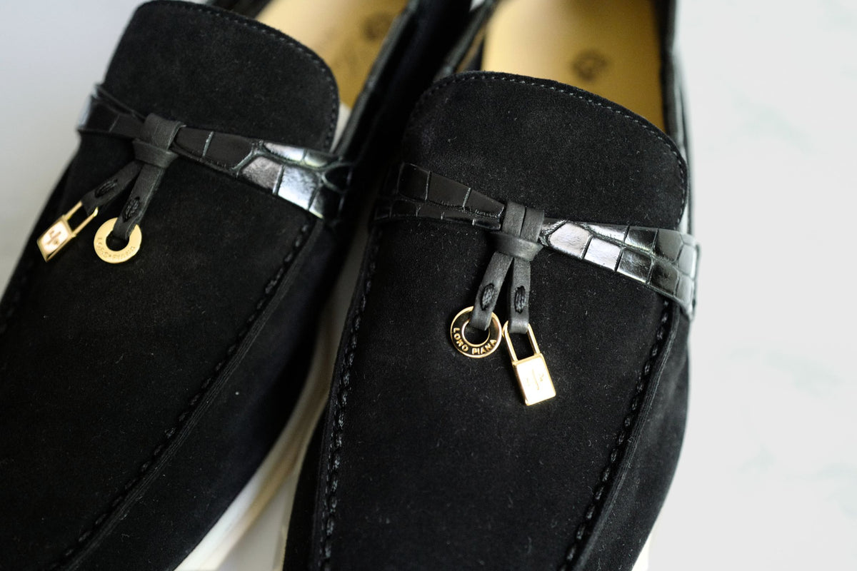 BNIB Loro Piana Summer Charms Walk Loafers In Black Suede Alligator strap Size 37