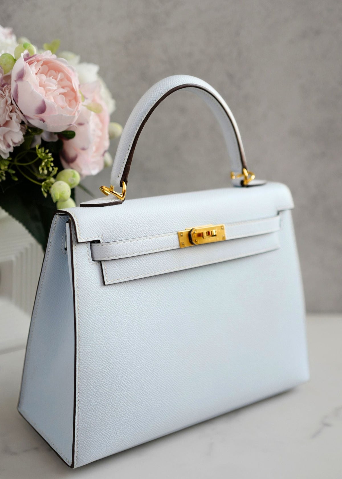 Hermes Kelly 25 Bleu Brume Epsom Sellier Gold Hardware