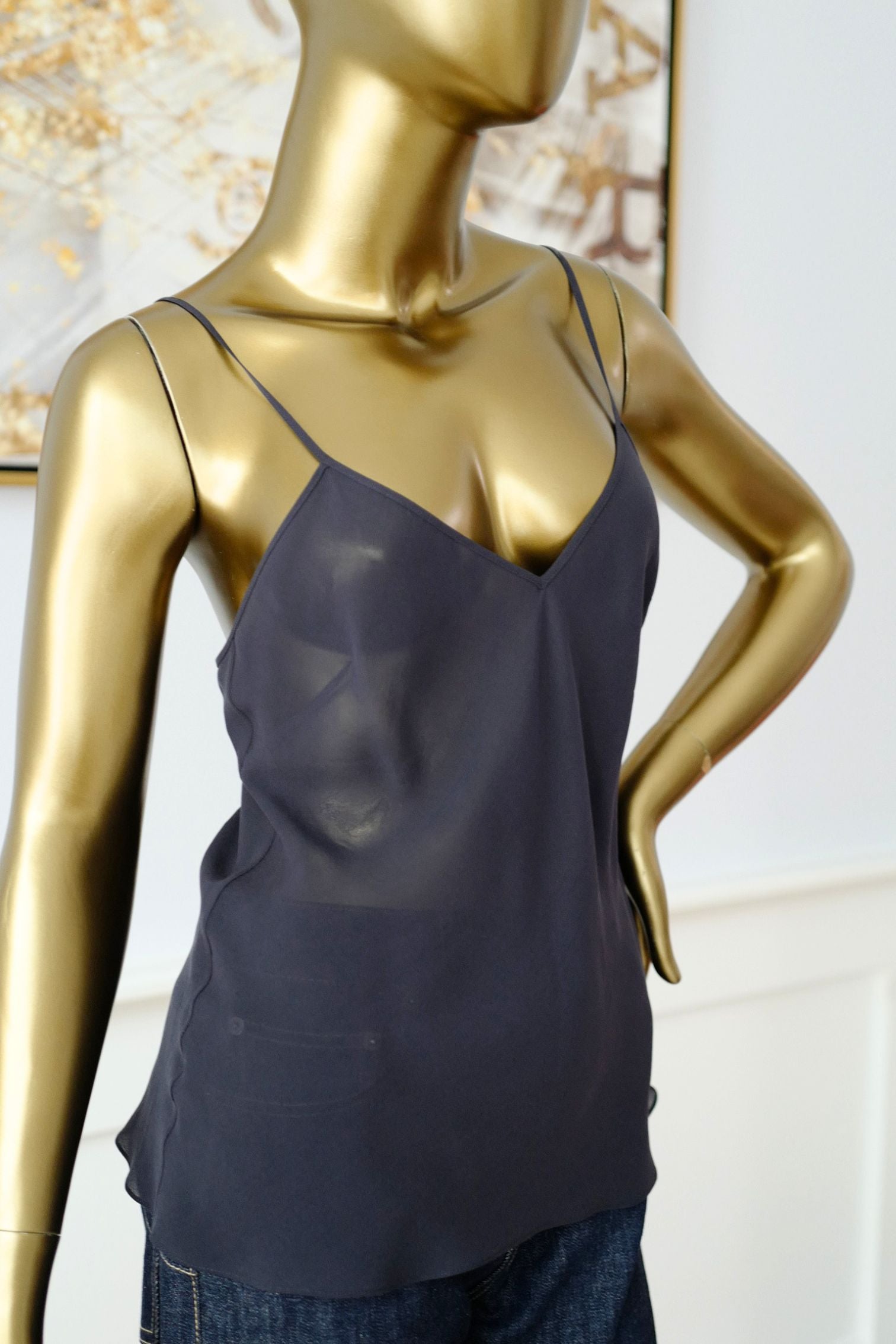Hermes Silk Blouse Ennobli A Plastron Ox Bleu Marin Sleeveless 36 NEW Two Pcs