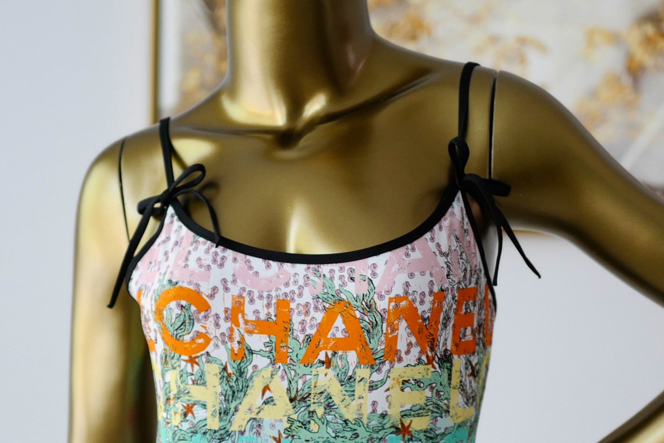 Chanel 26M Coco Beach Swimsuit Multicolor Stretch Jersey Size 38