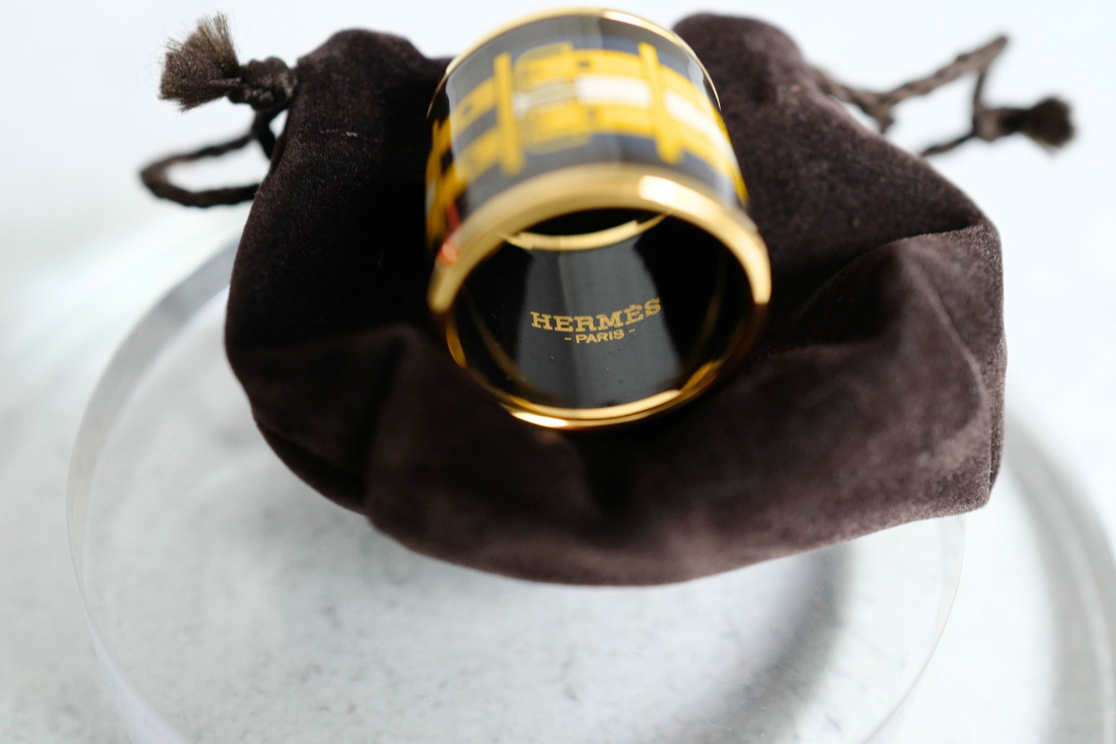 Hermès Rocabar Enamel Scarf Ring Black/Yellow/Blue Striped