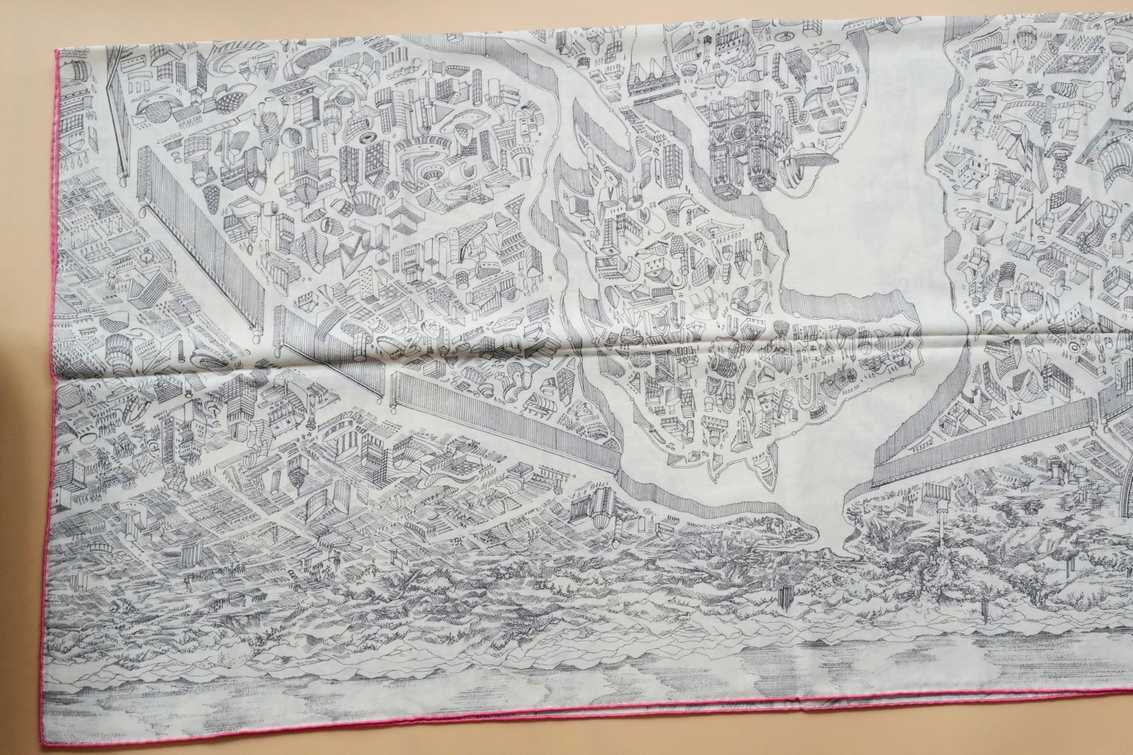 Hermès La Nouvelle Cite Cavaliere Shawl 140 Blanc/Gris/Rose Cashmere Silk