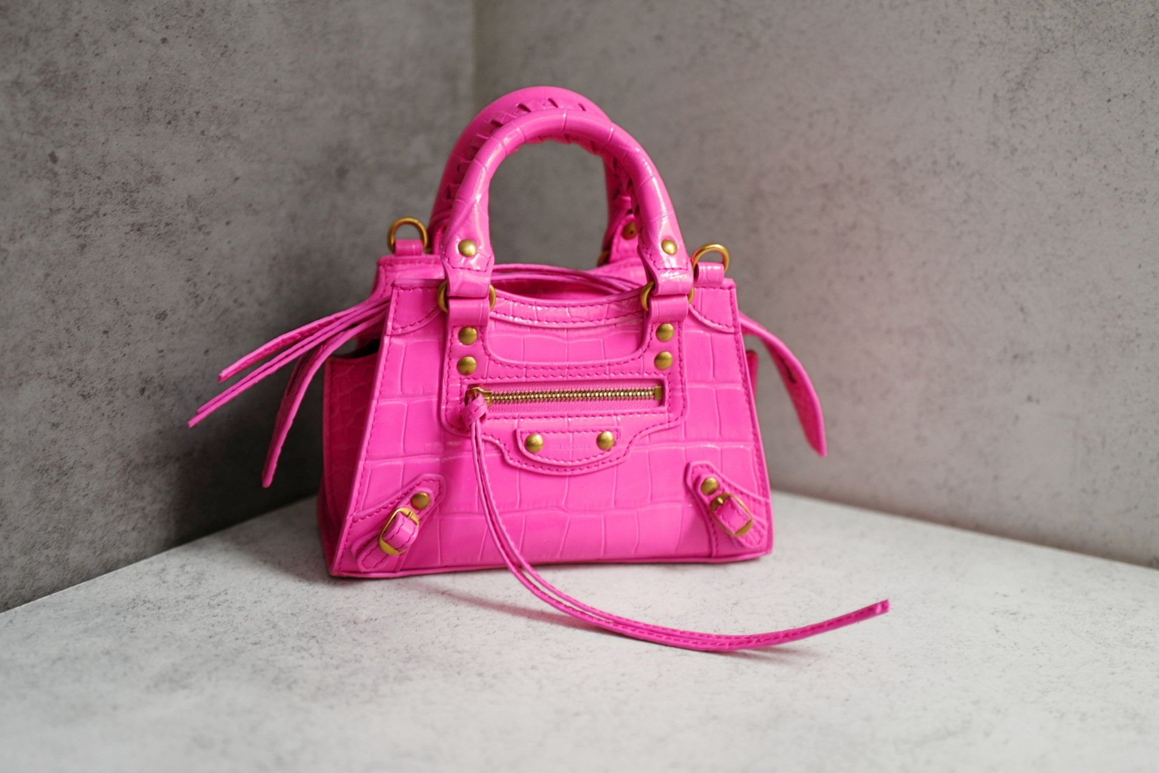 Balenciaga Neo Classic Nano Size In Bright Pink Croco Leather
