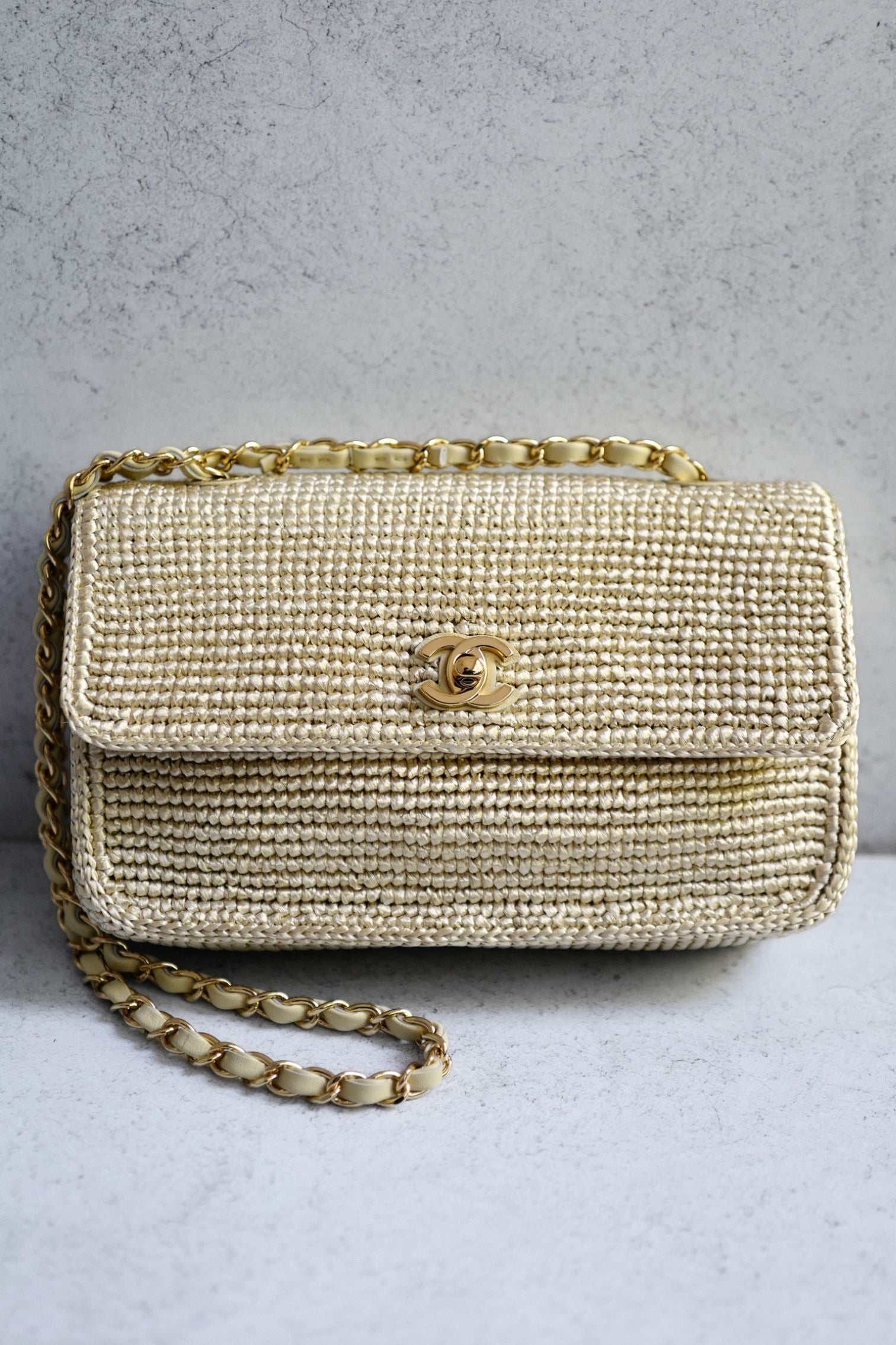 Chanel 26M Coco Beach Small Flap Bag Cream Braided Raffia Gold Hardware