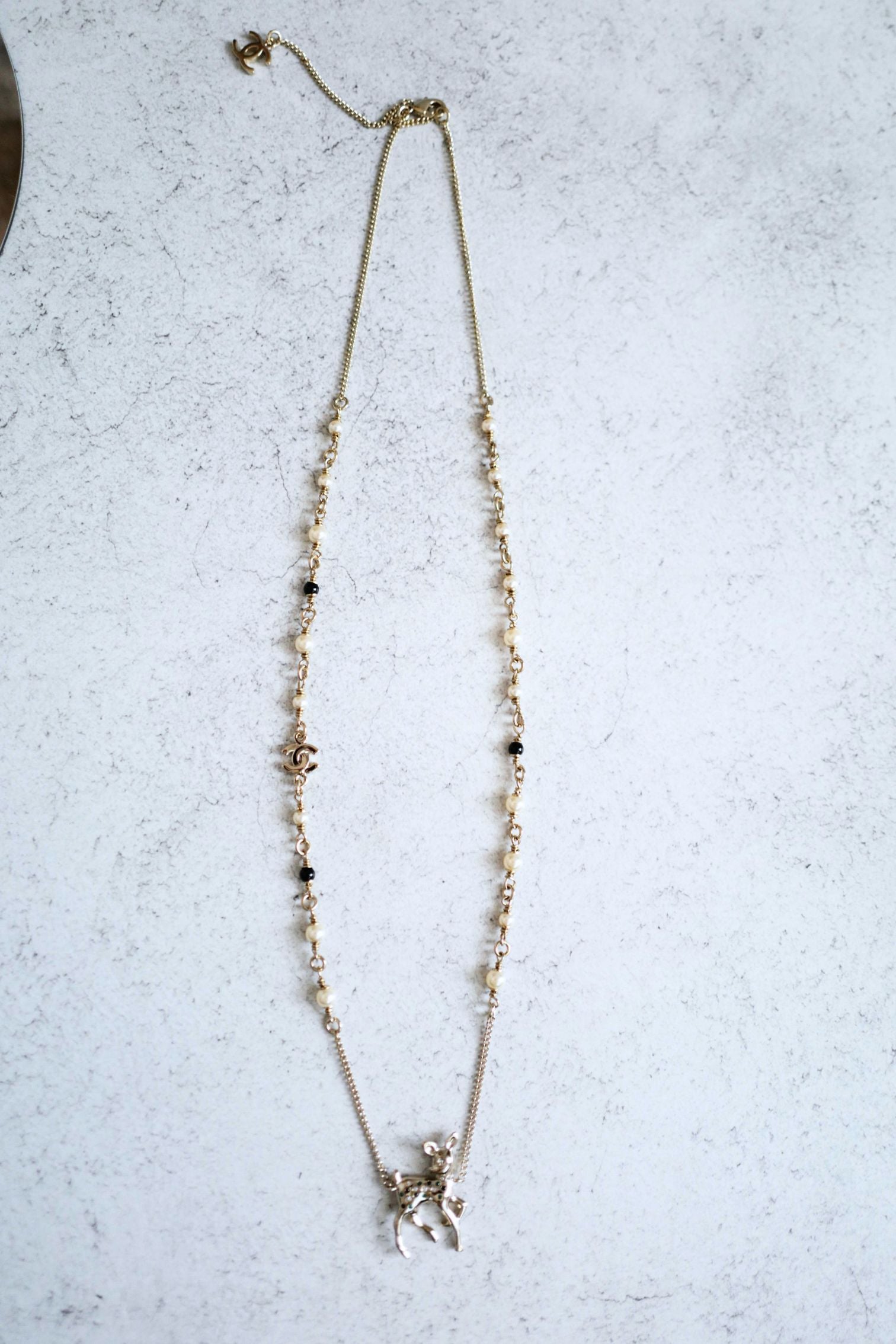 Chanel CC Deer Long Pendant Necklace Gold and Faux Pearl
