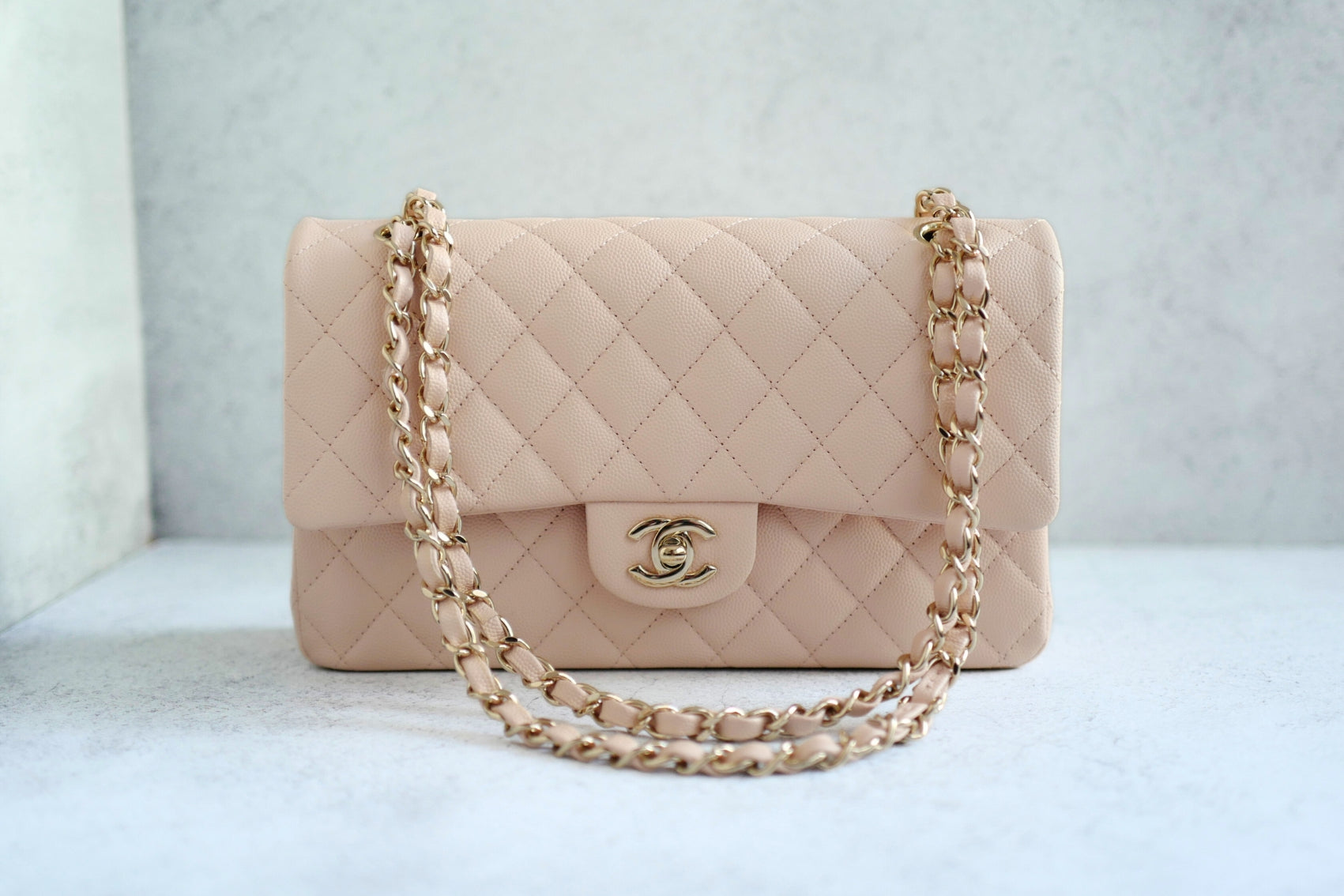 BNIB Chanel Medium Classic Double Flap Bag Beige Clair Grained  Gold Hardware