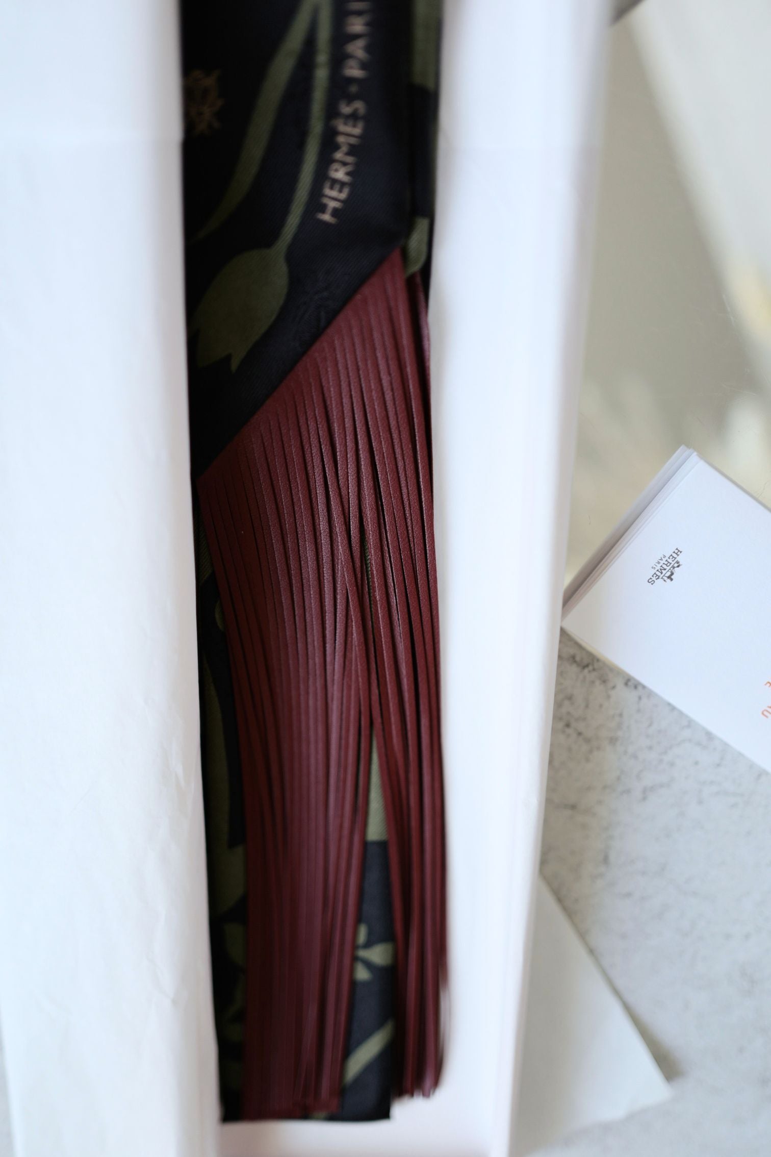 Hermès Twilly Bouquet Final Silk Noir/Vert Loden/Rouge H with Leather Fringe