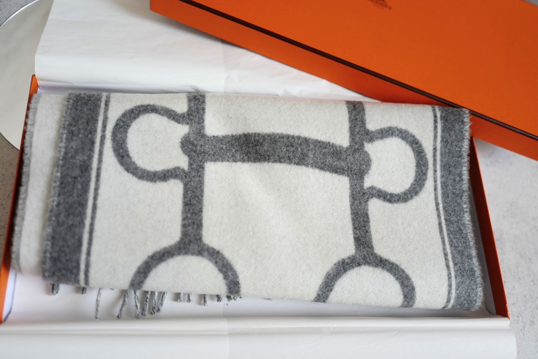 Hermès Casaque Mors Cashmere Scarf in Ivoire Gris Flanelle