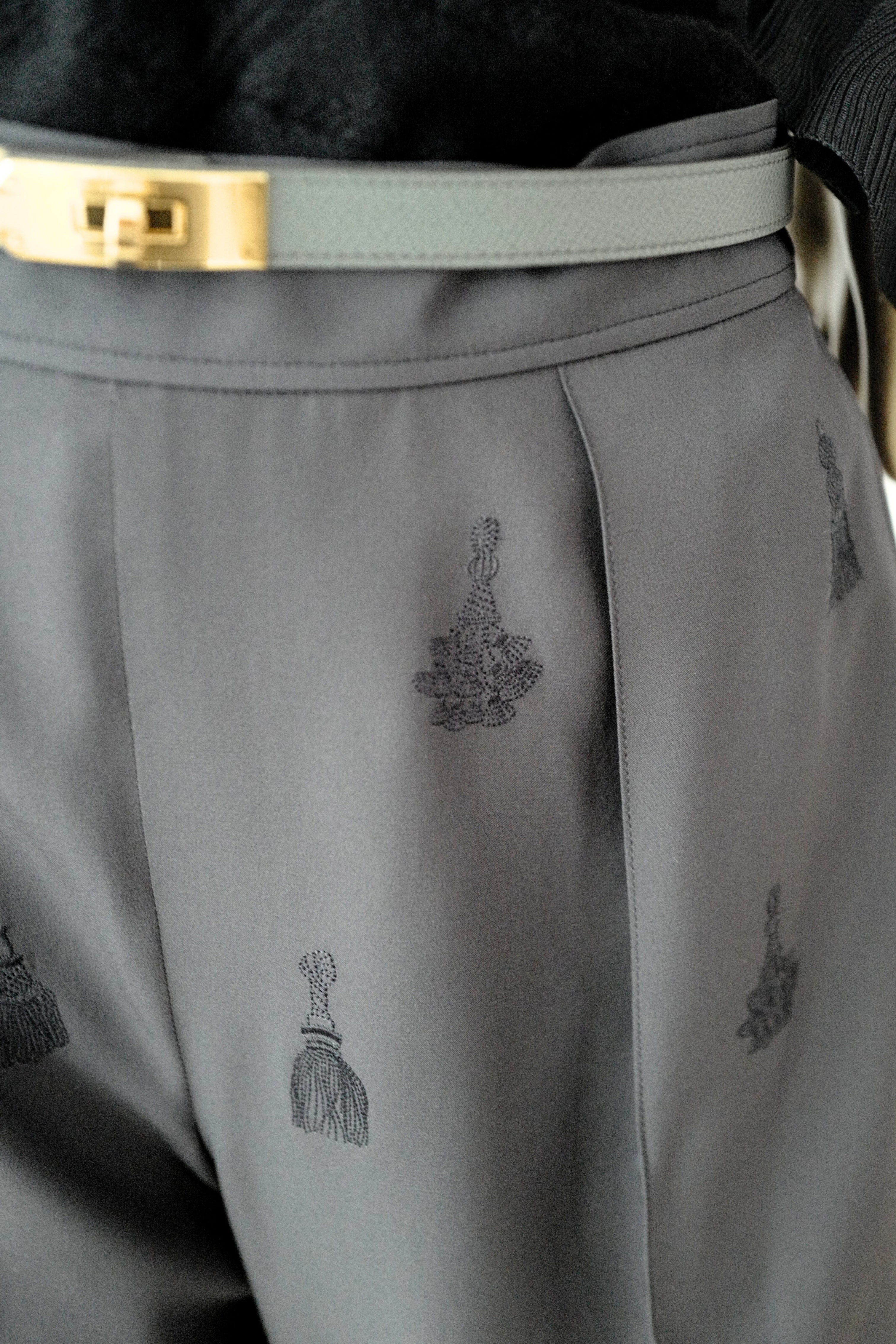 NEW Hermès Women’s Pajama Pants Embroidered Silk Canvas Gris Charbon Size 36