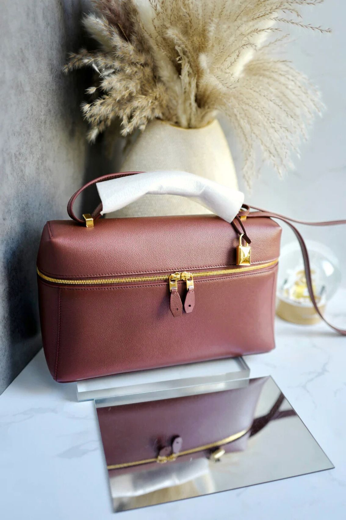 BNIB Loro Piana Extra Bag L27 Smoked Caramel In Grained Calfskin with Gold HW