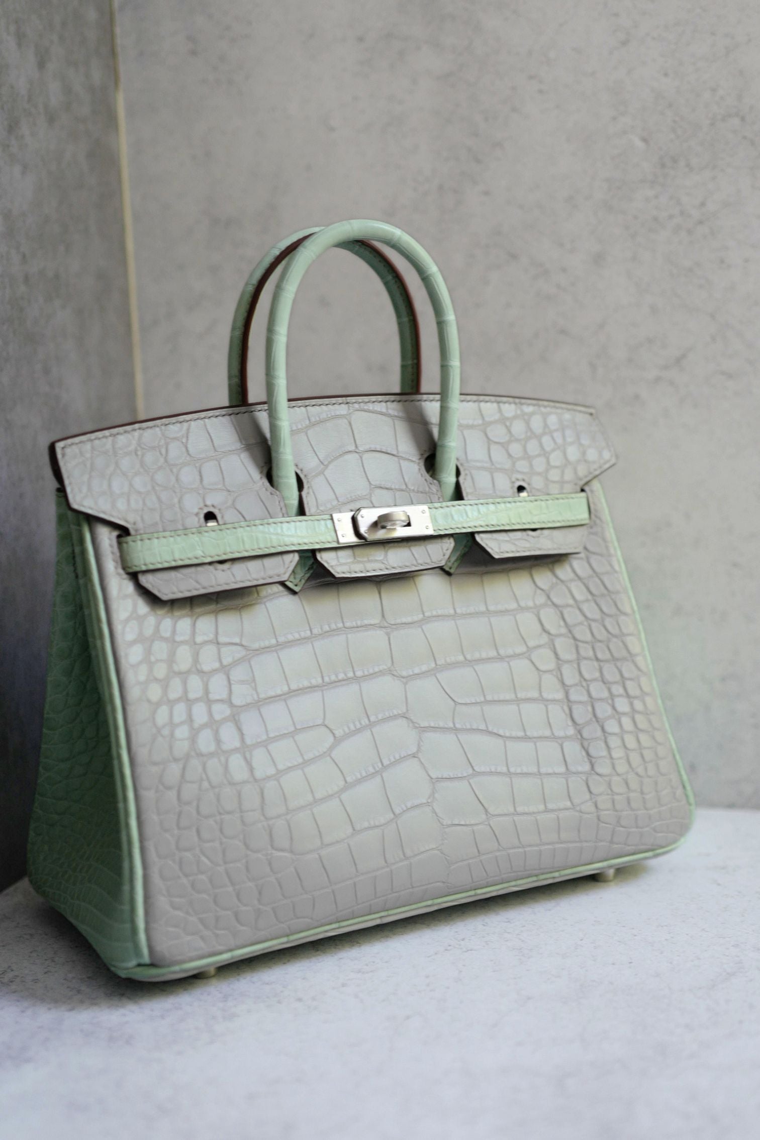 Hermès Birkin 25 HSS Gris Perle Vert D'eau Matte Crocodile Brushed PHW