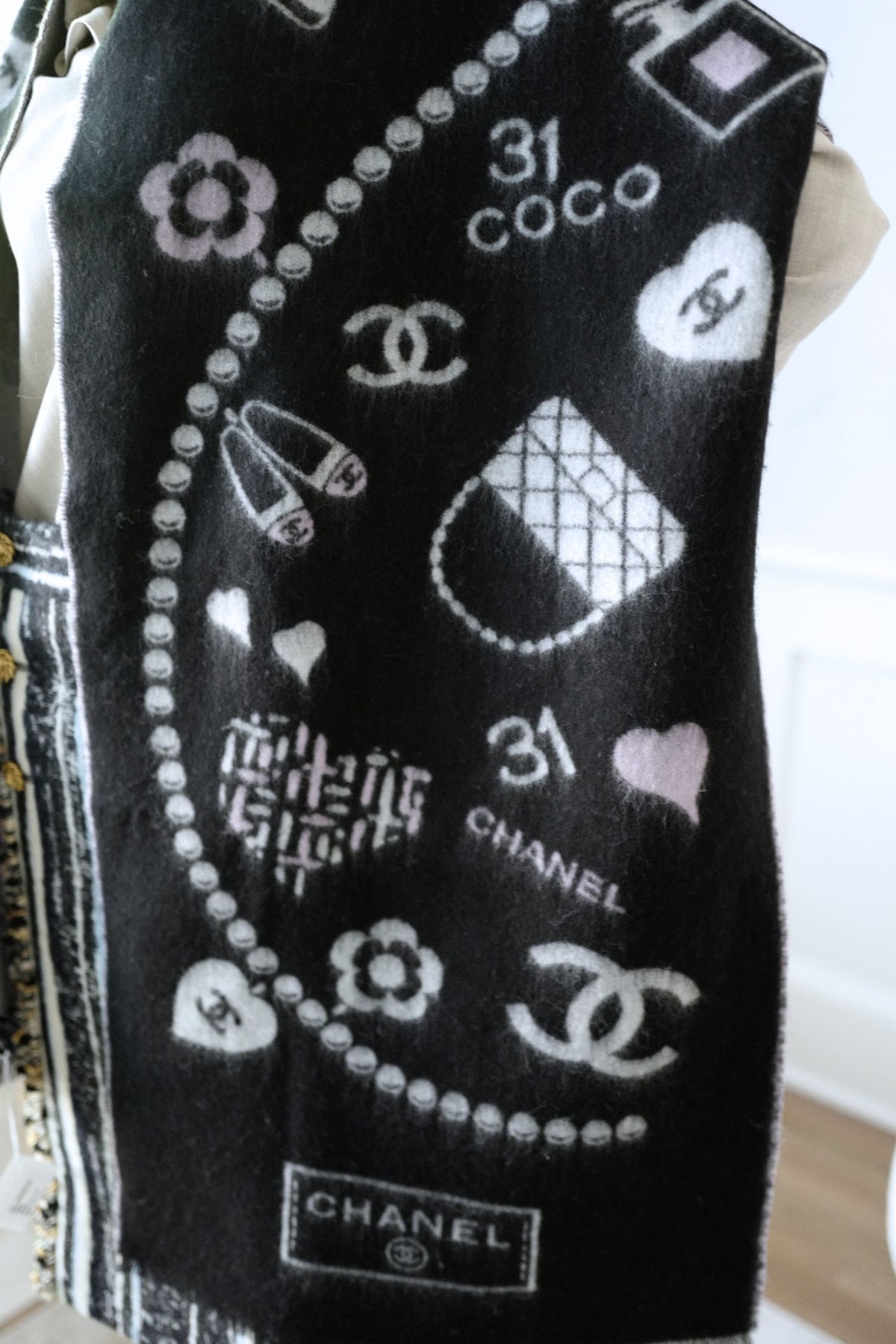 NEW Chanel 25B Black White Wool & Silk Scarf with Pearl Decoration