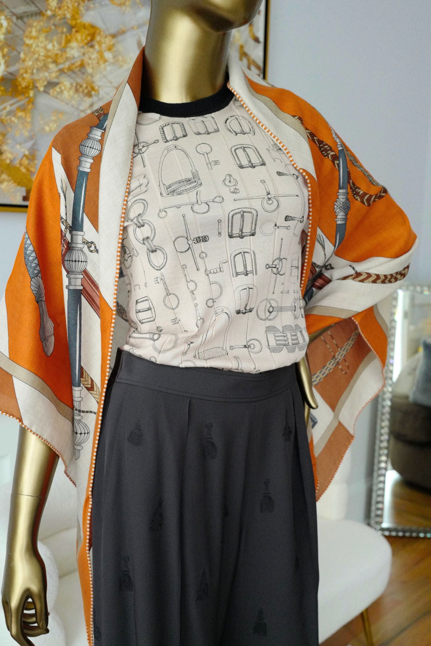 Hermès Clic-Clac Triangle Scarf Orange Cuit /Naturel/Caramel Cashmere Silk
