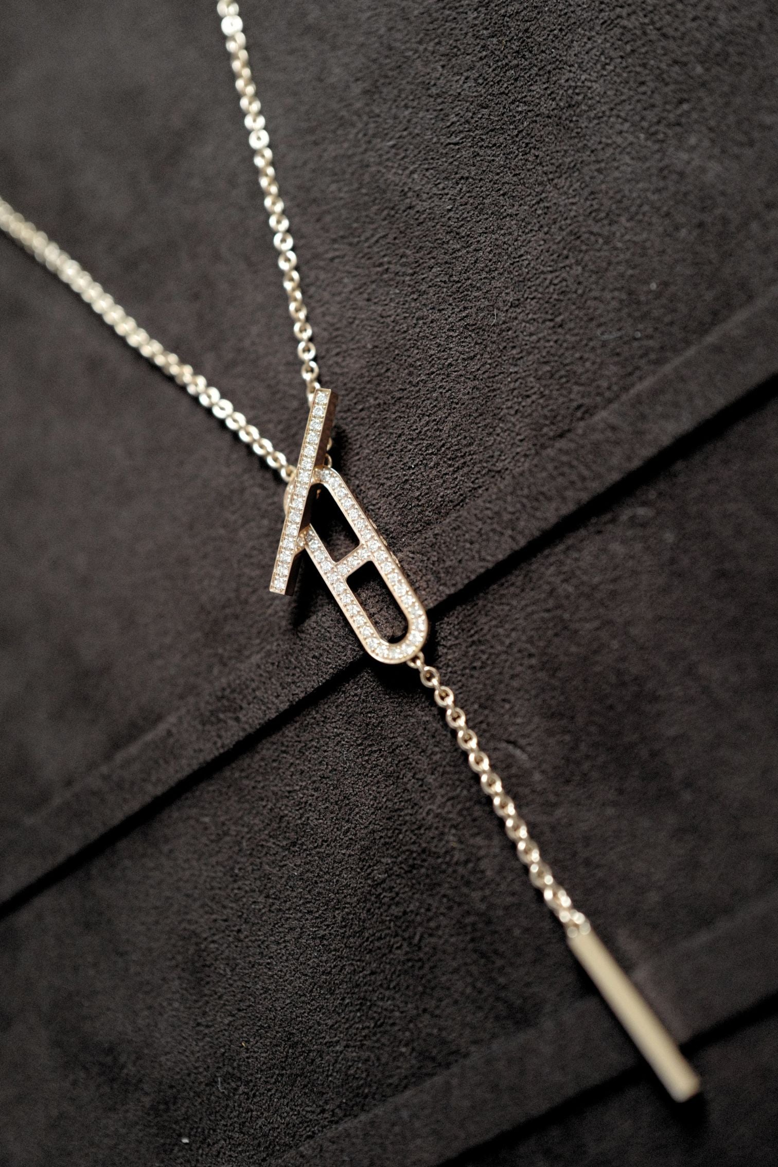 NEW Hermes Ever Chaine d'ancre Lariat Necklace Rose Gold 54 Diamonds