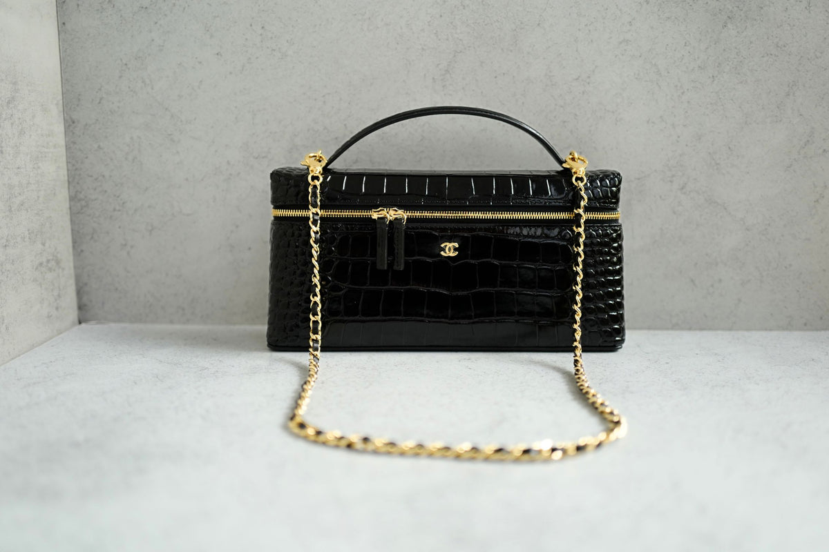 Chanel 26K Matthieu Blazy's Vanity with Chain Croc Embossed Black Calfskin Leather GHW