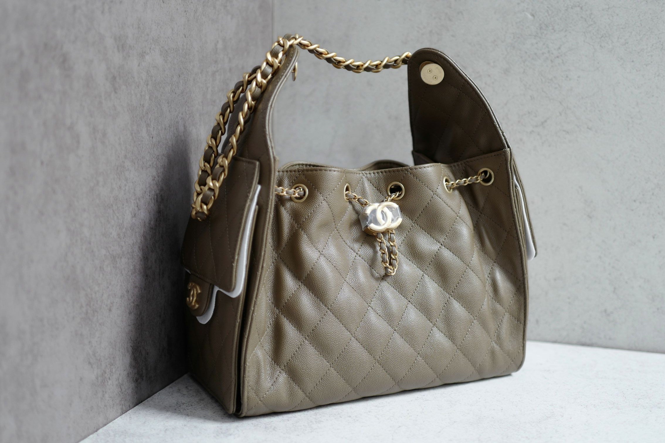Chanel 26s Small Hobo Dark Khaki Grained Calfskin Gold Hardware