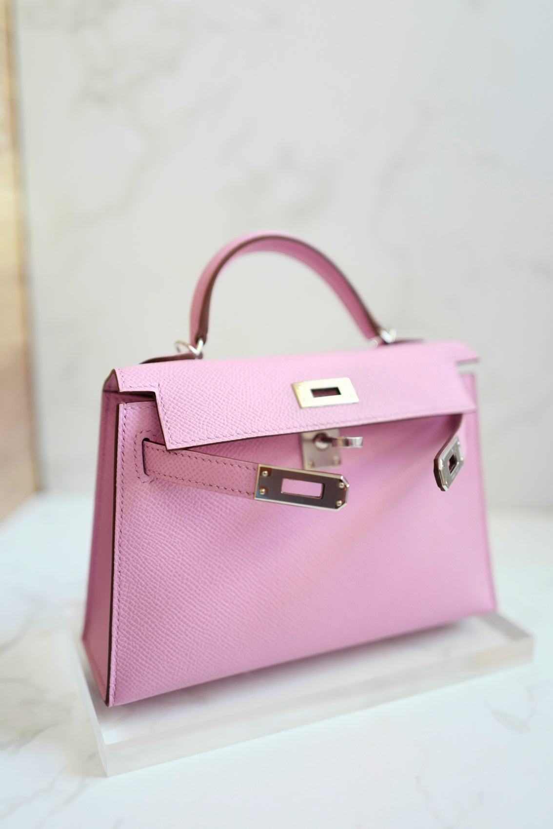 Hermès Mini Kelly Mauve Sylvestre Epsom Leather Palladium Hardware K Stamp